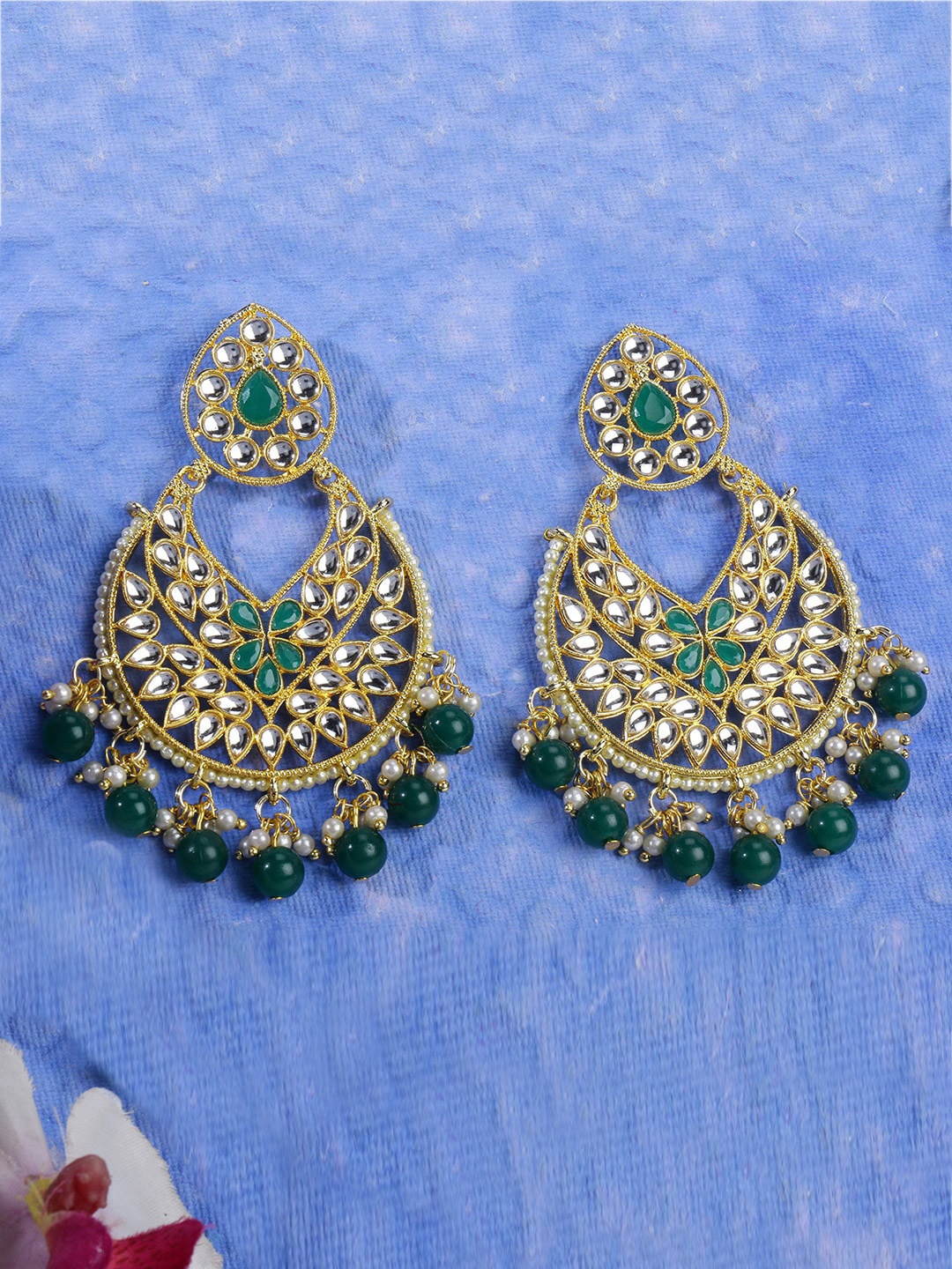 

LIVE EVIL Gold-Plated Green & White Teardrop Shaped Drop Earrings