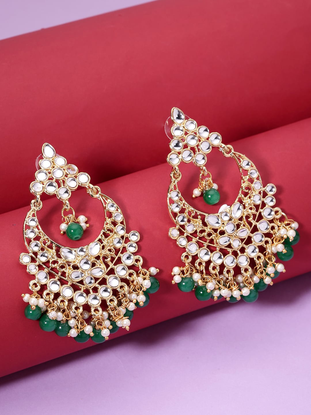 

LIVE EVIL Gold-Plated White & Green Crescent Shaped Chandbalis
