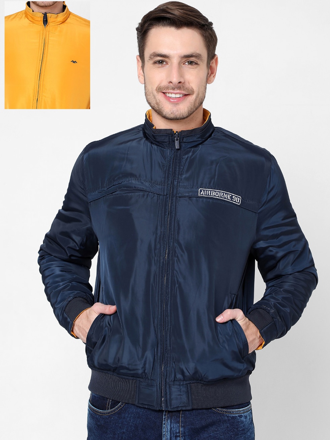 

Mufti Men Mustard Navy Blue Camouflage Reversible Bomber Jacket