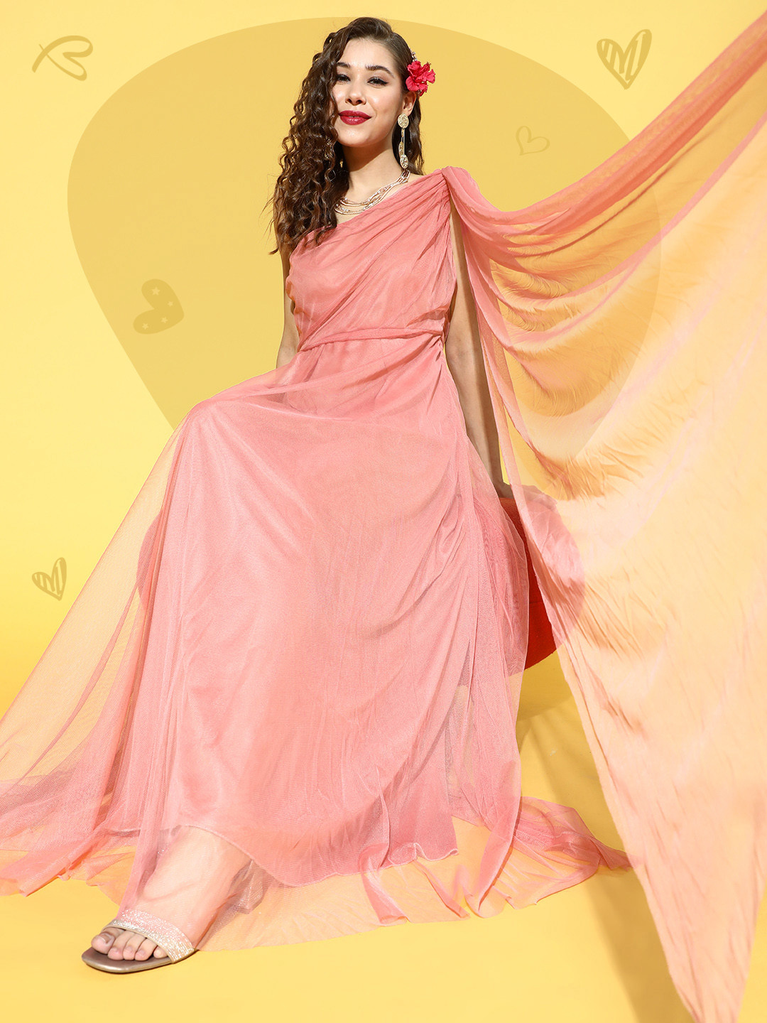 

U&F Women Attractive Peach Solid One-Shoulder Dress