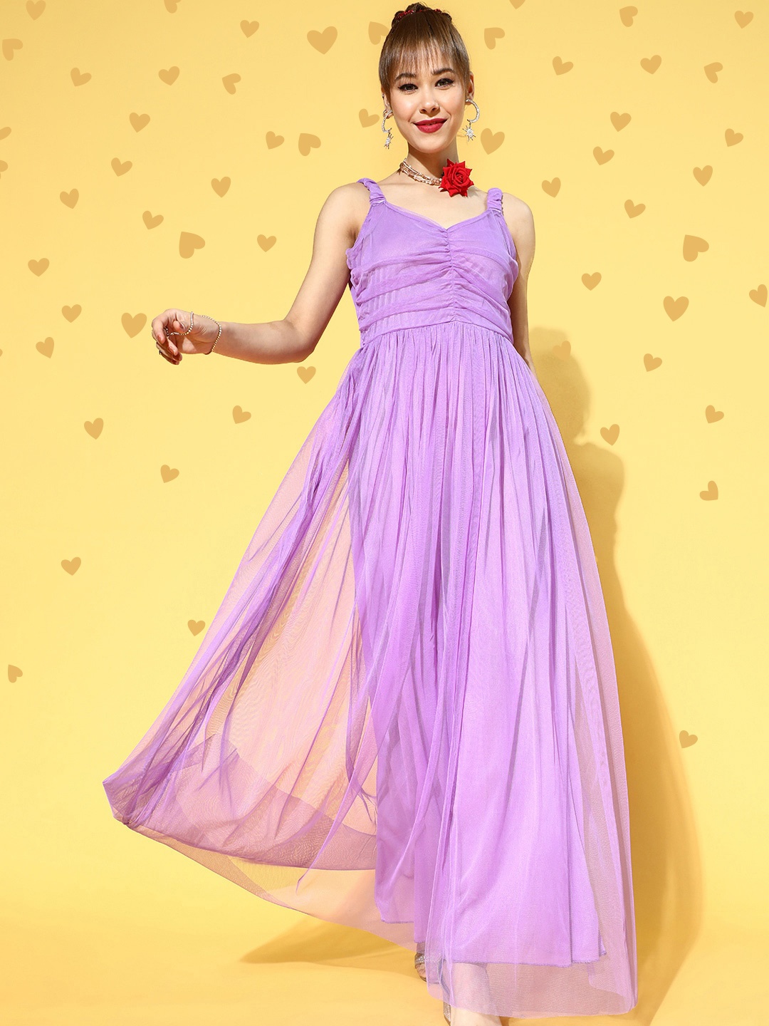 

U&F Women Elegant Lavender Solid Ruched Dress