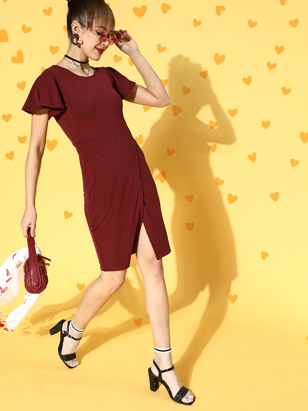 

U&F Women Deep Burgundy Solid Flutter Sleeves Dress