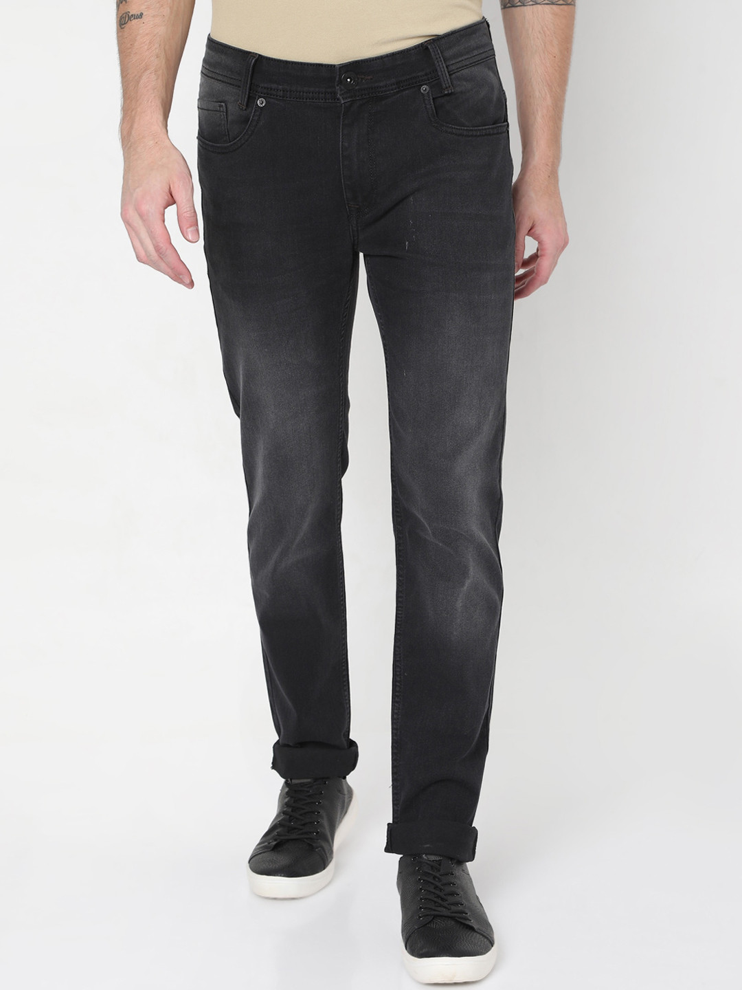 

Mufti Men Black Regular Fit Low Distress Light Fade Stretchable Jeans