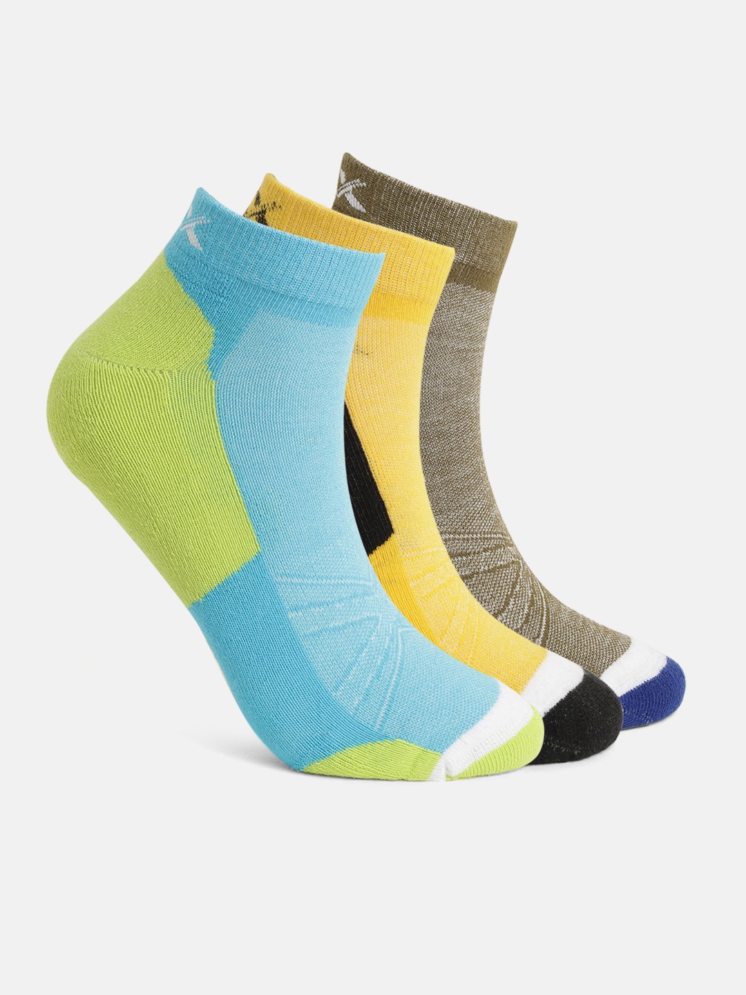 

HRX by Hrithik Roshan Men Blue & Olive Green Pack Of 3 Ankle Length Running Socks