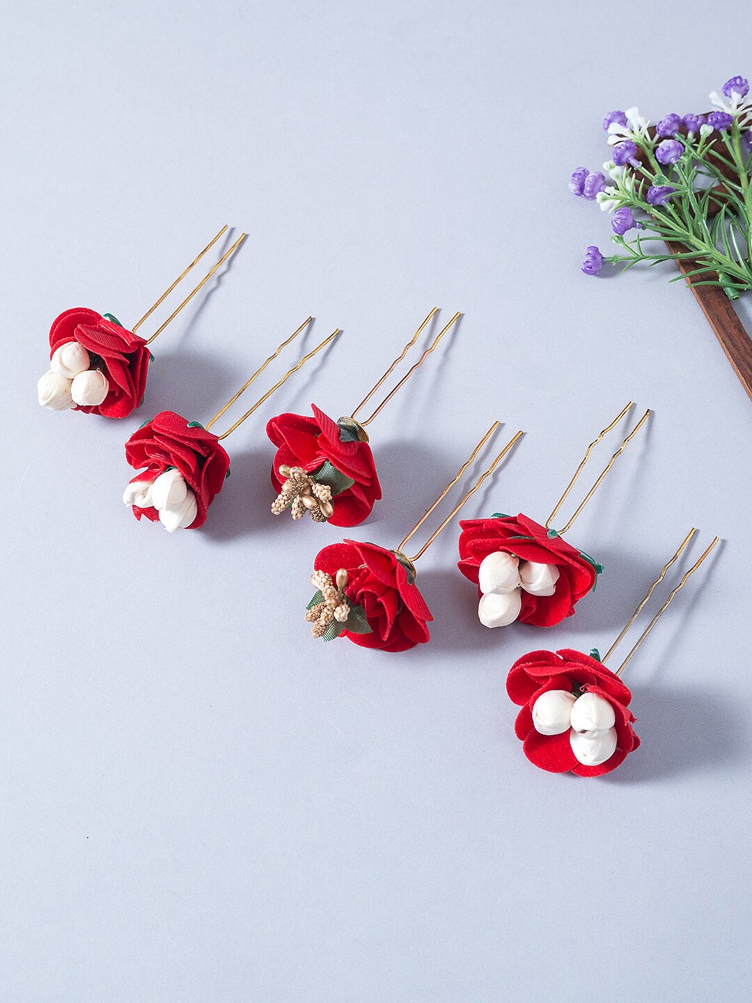 

Golden Peacock Women Red & White Set of 6 Embellished U Pins