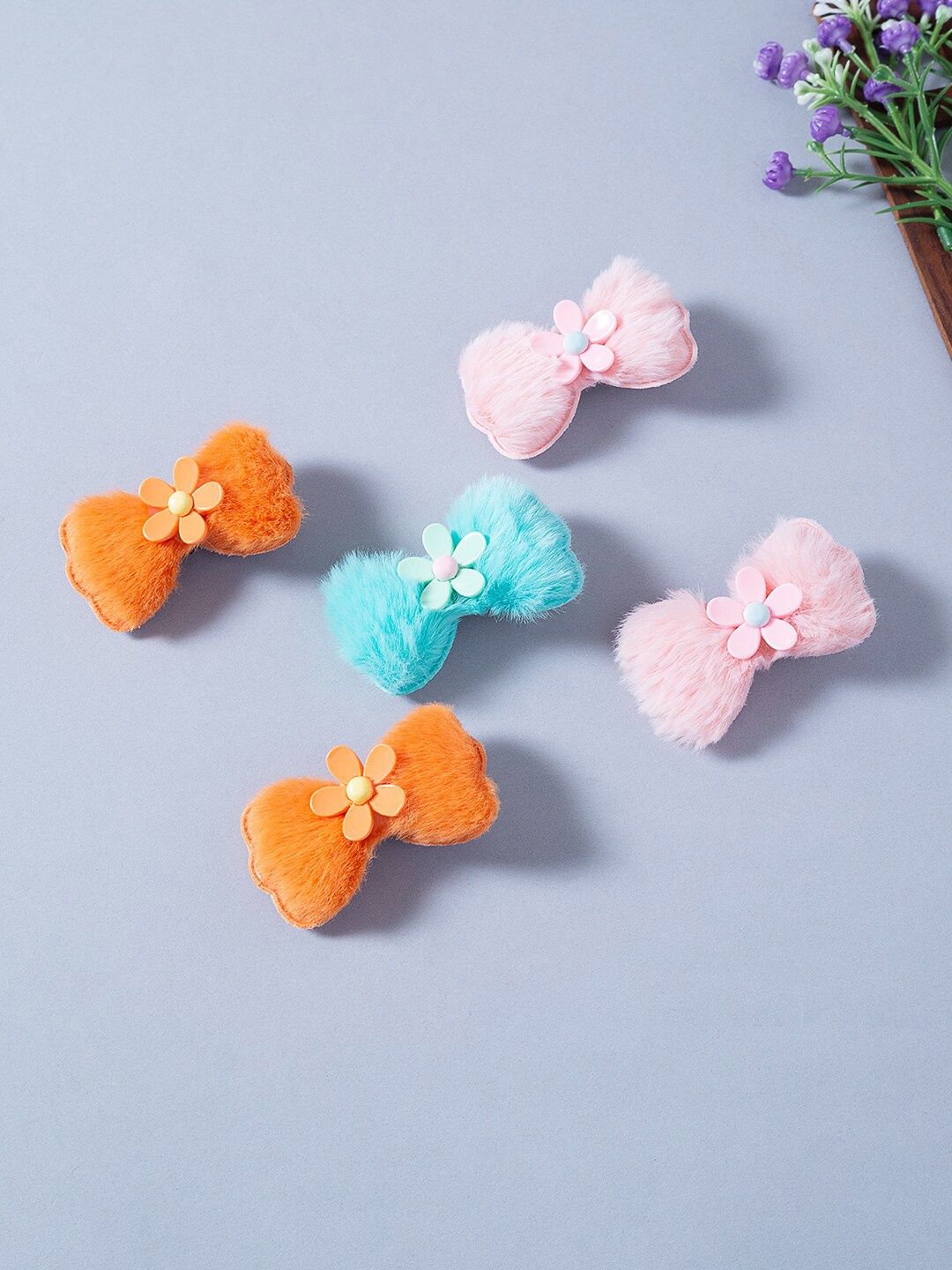 

Golden Peacock Girls Set of 5 Orange & Pink Bow Shaped Fur Alligator Hair Clips