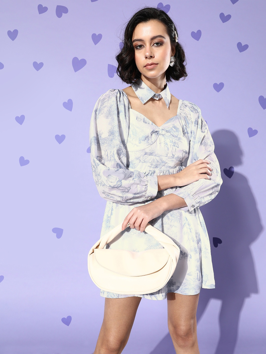 

QUIERO White & Blue Printed Puff Sleeves Mini Dress