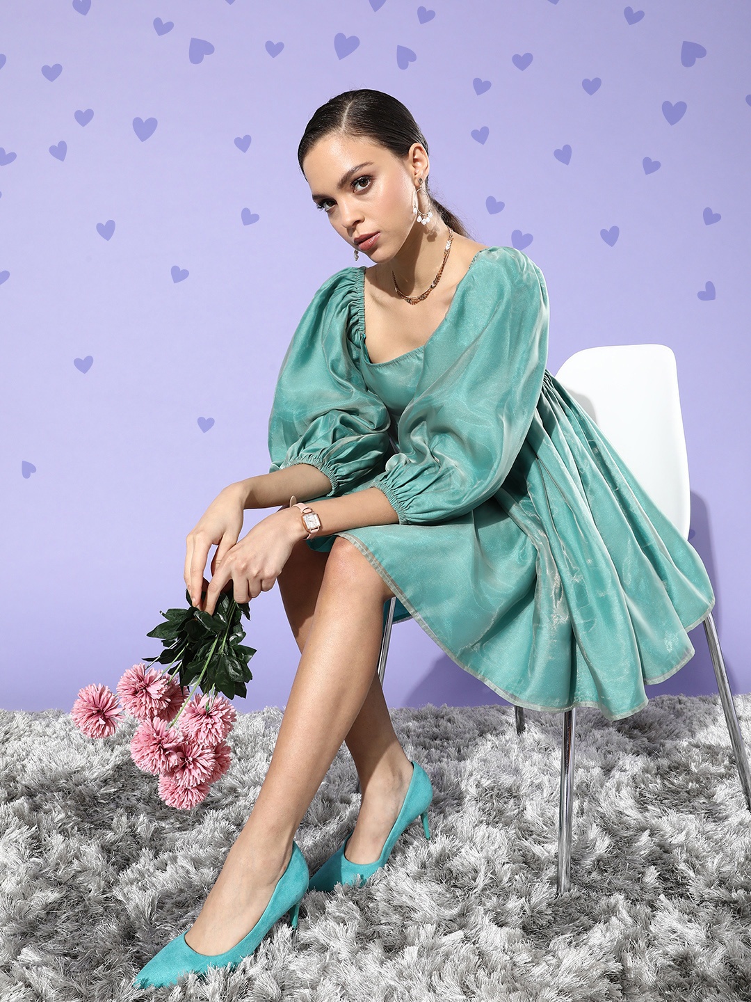 

QUIERO Green Solid Square Neck Puf Sleeves Mini Dress