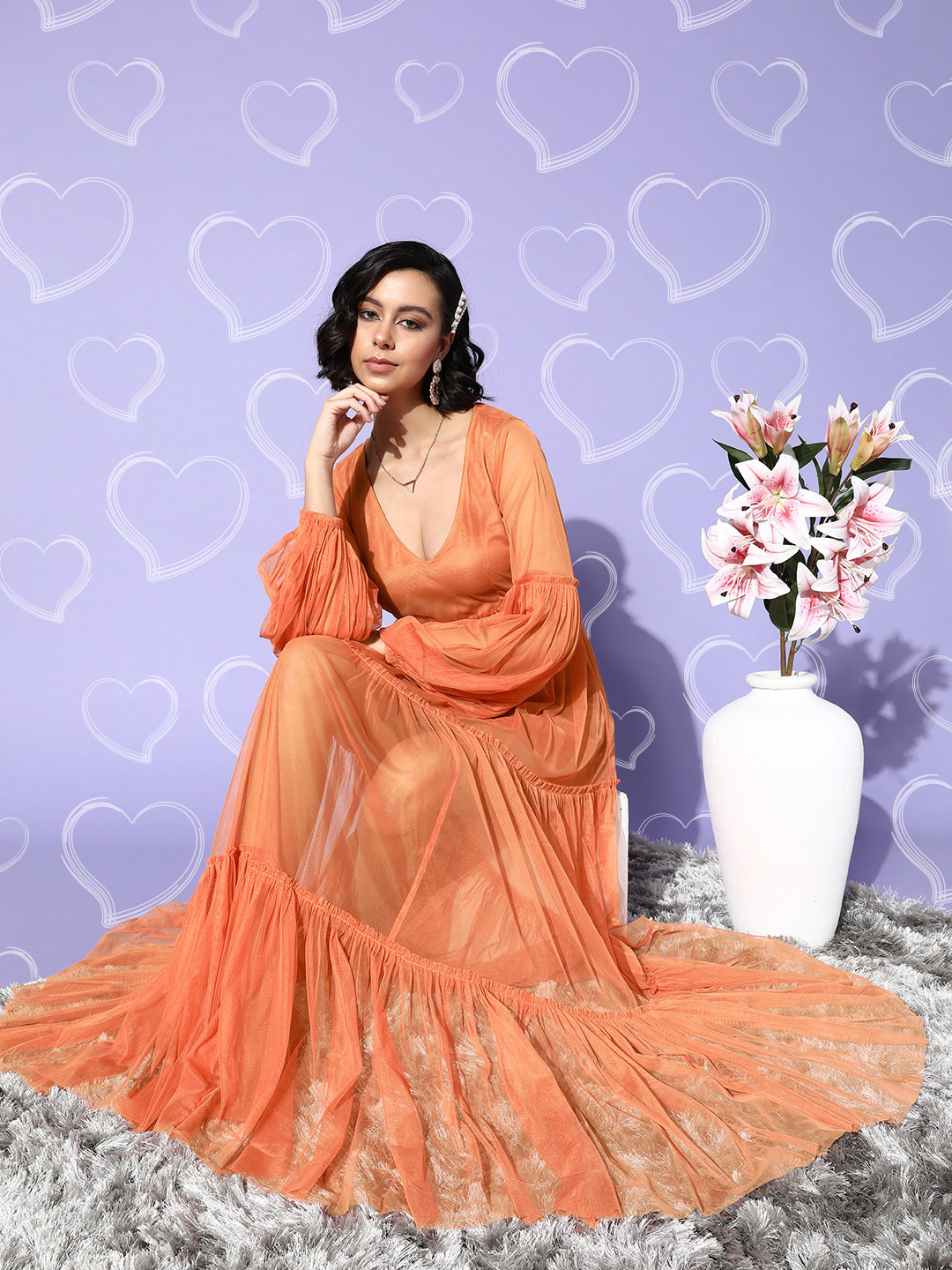 

QUIERO Orange Solid Puff Sleeves Tiered Net A-Line Maxi Dress