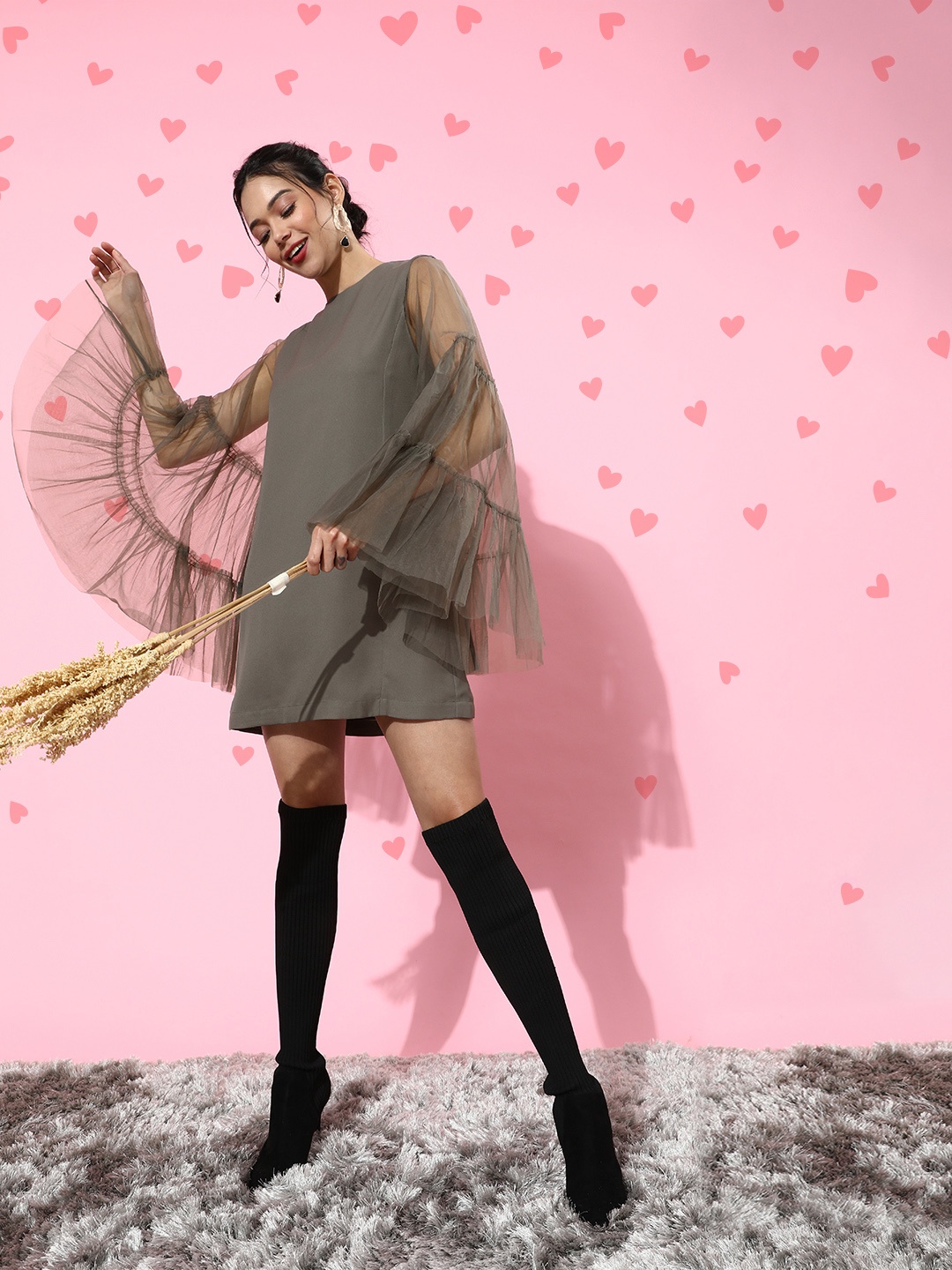 

QUIERO Women Beautiful Grey Solid Net Dress