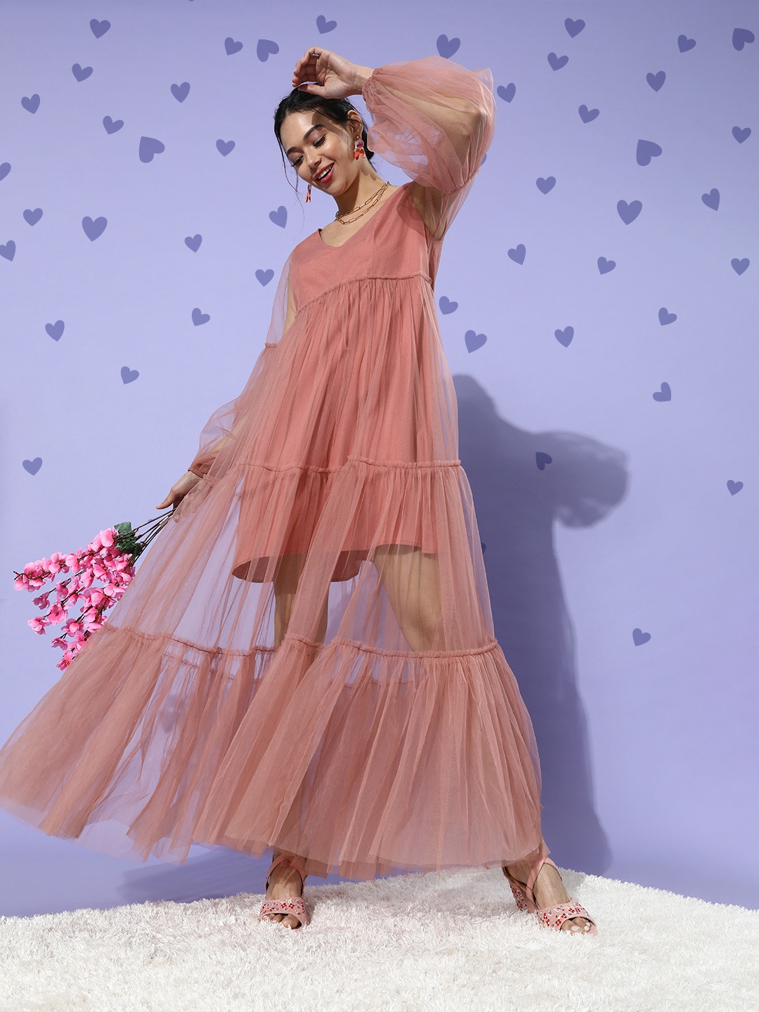 

QUIERO Women Striking Coral Solid Tulle Dress