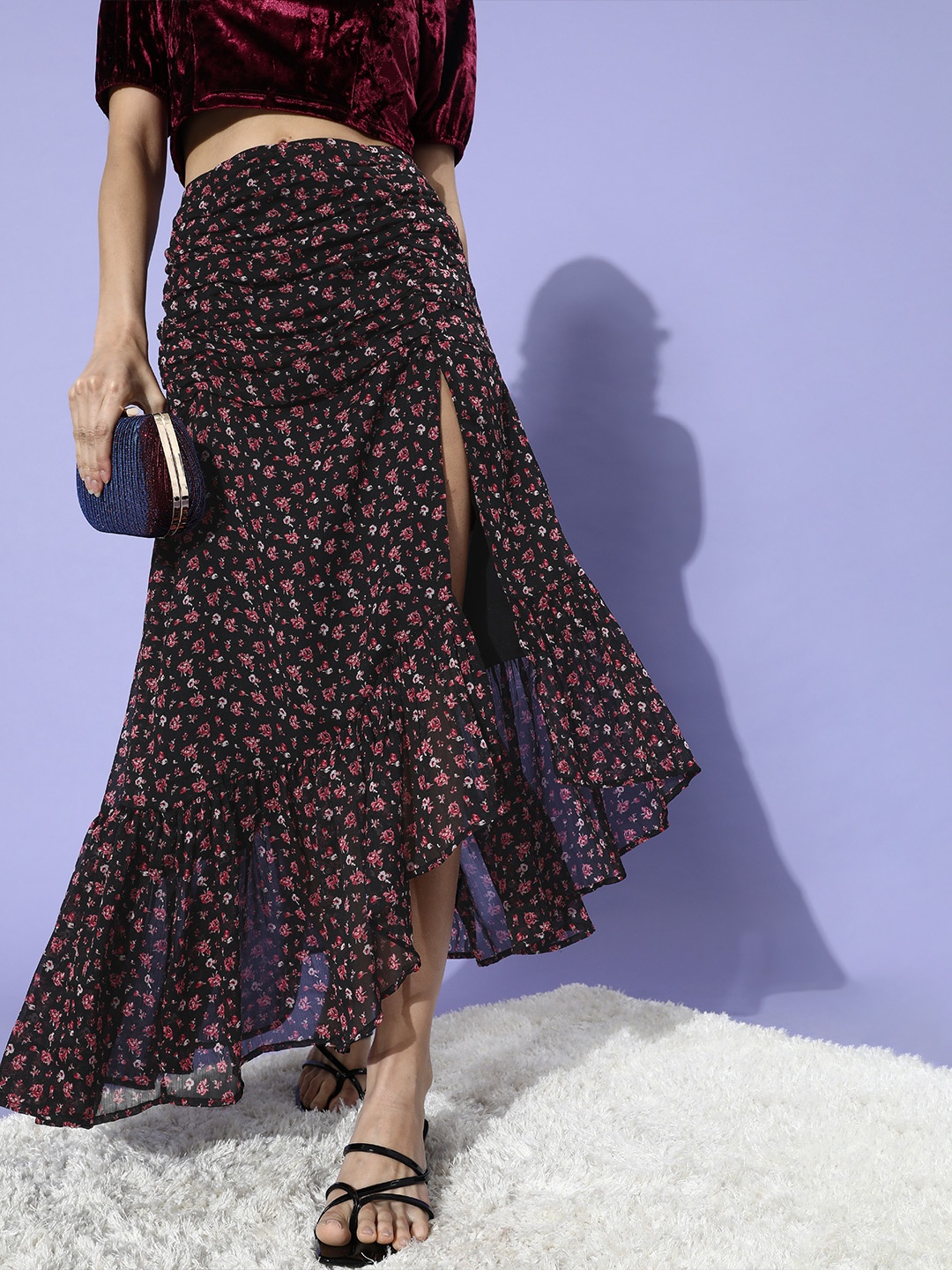 

QUIERO Women Striking Multi-Coloured Floral Asymmetric Skirt