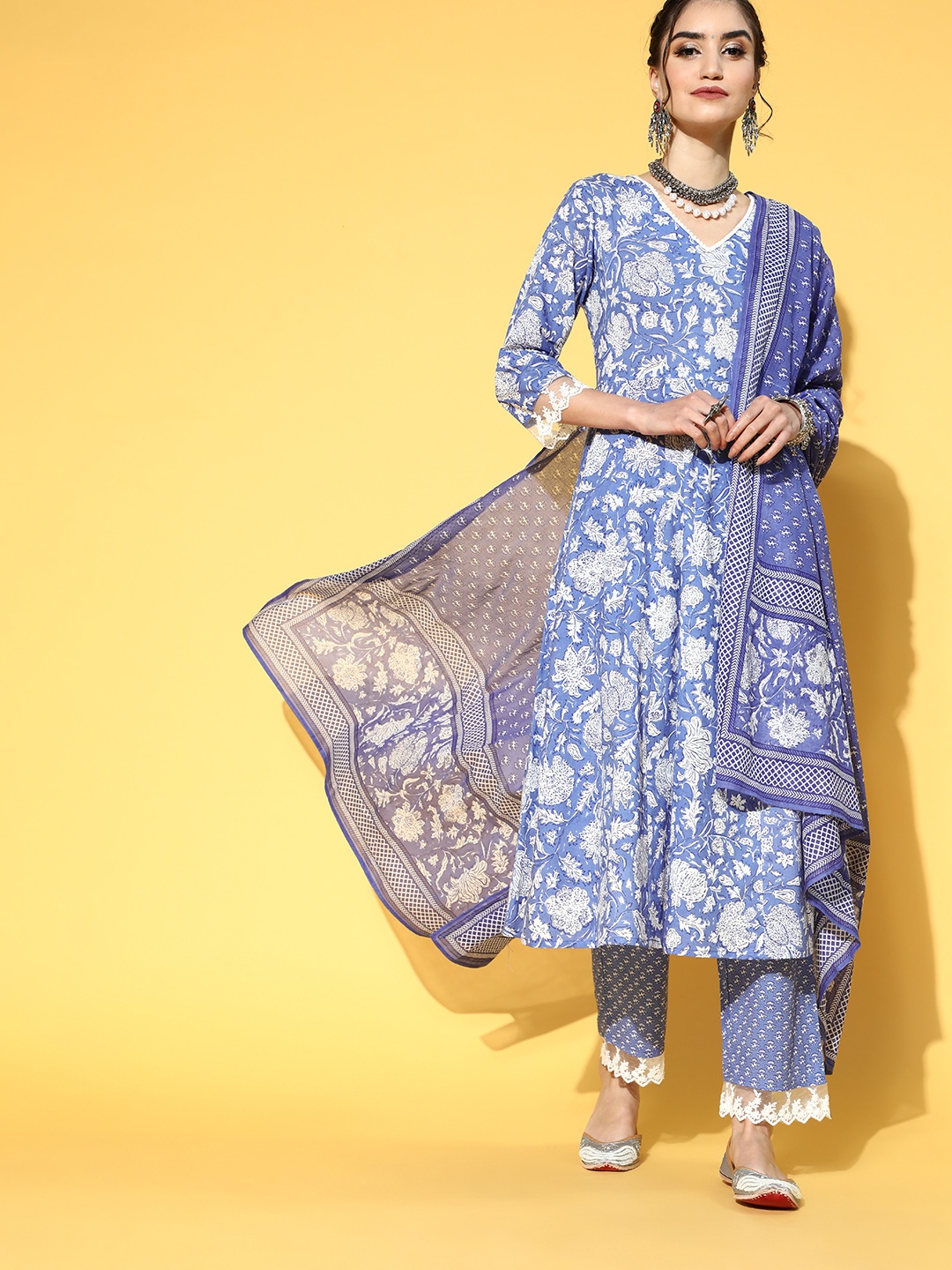 

Yufta Women Blue & White Floral Printed Lace Work Cotton Kurta with Palazzos & Dupatta