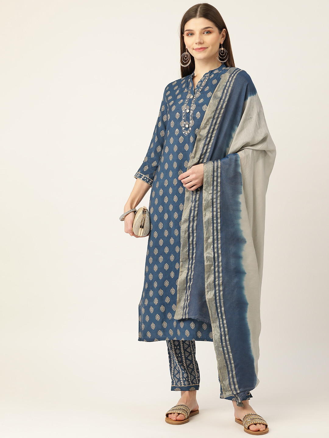 

INDYES Women Navy Blue and Gold Embroidered Kurta Trouser with Dupatta Set