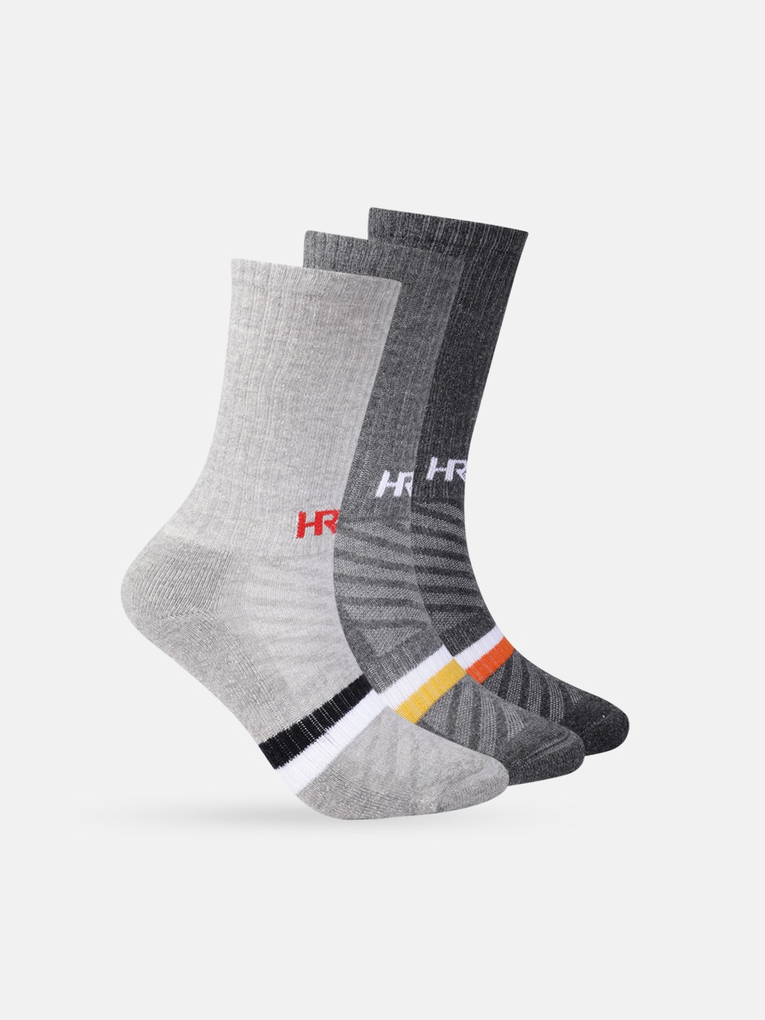 

HRX by Hrithik Roshan Boys Set of 3 Striped Half Terry Calf Length Socks, Grey