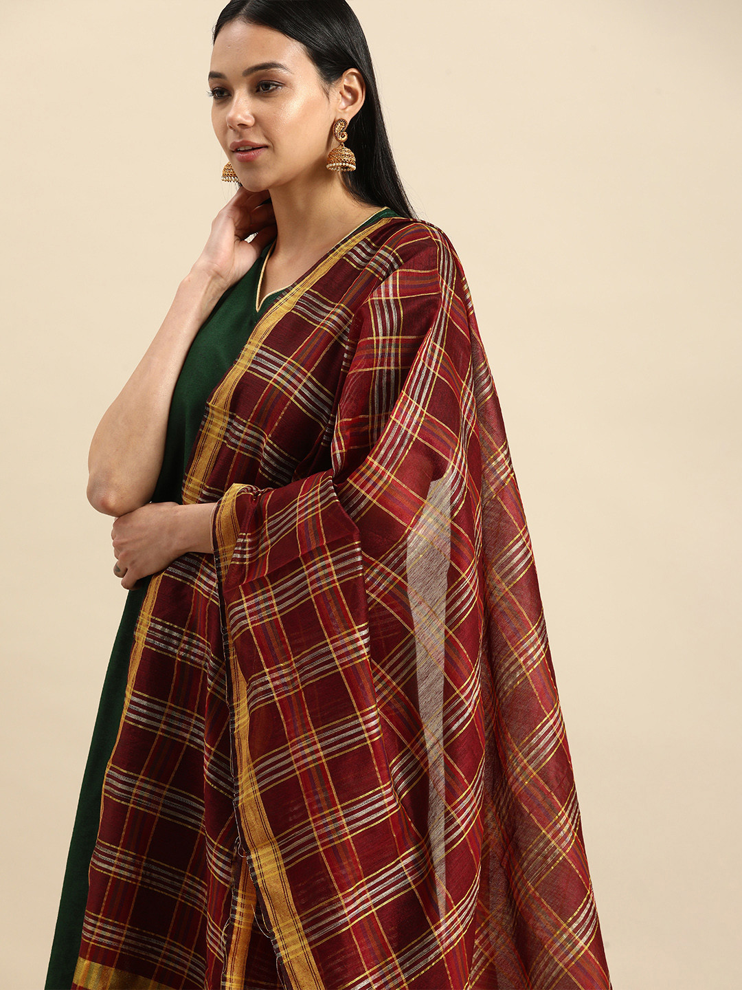 

Shaily Maroon & Gold-Toned Woven Design Cotton Silk Dupatta