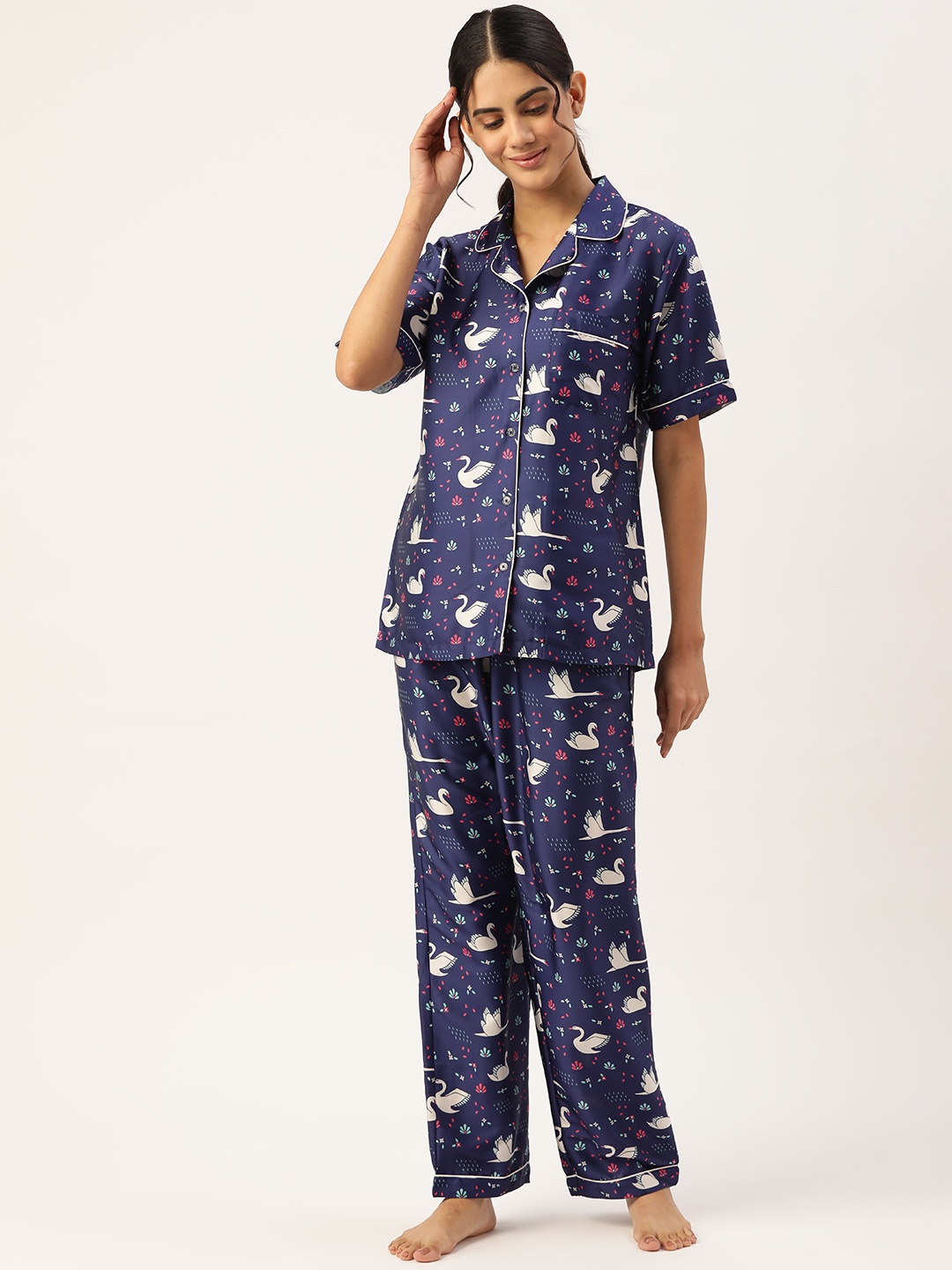 

ADORENITE Women Blue & White Printed Night suit