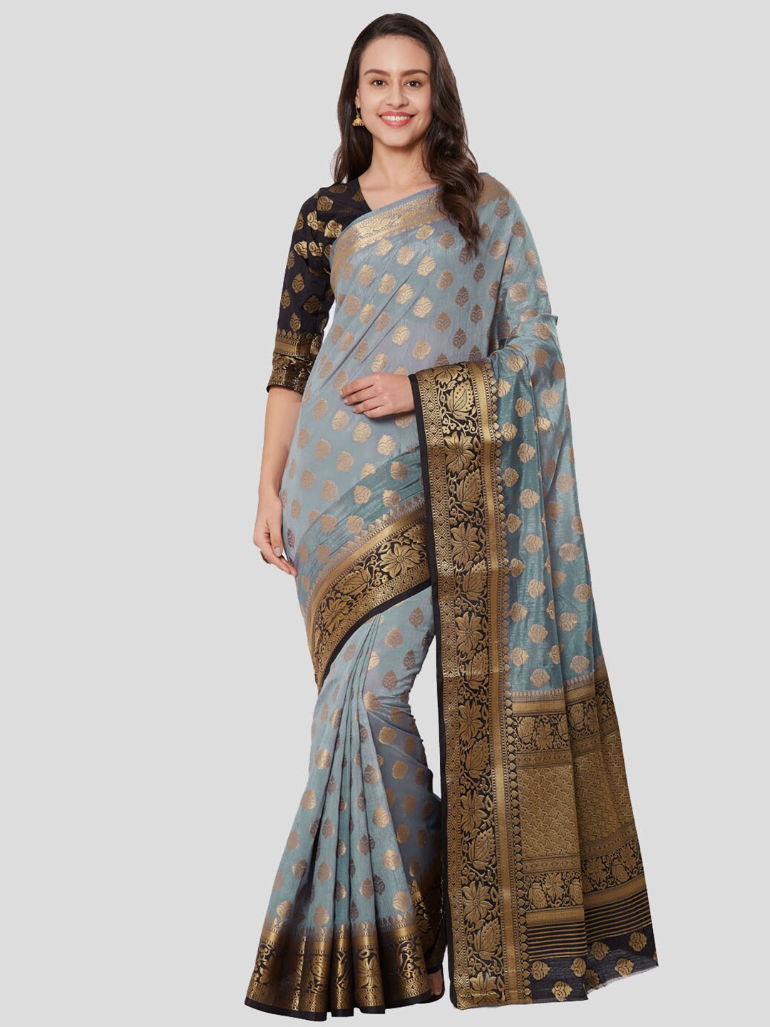 

Nimayaa Grey & Gold-Toned Ethnic Motifs Zari Silk Blend Kanjeevaram Saree