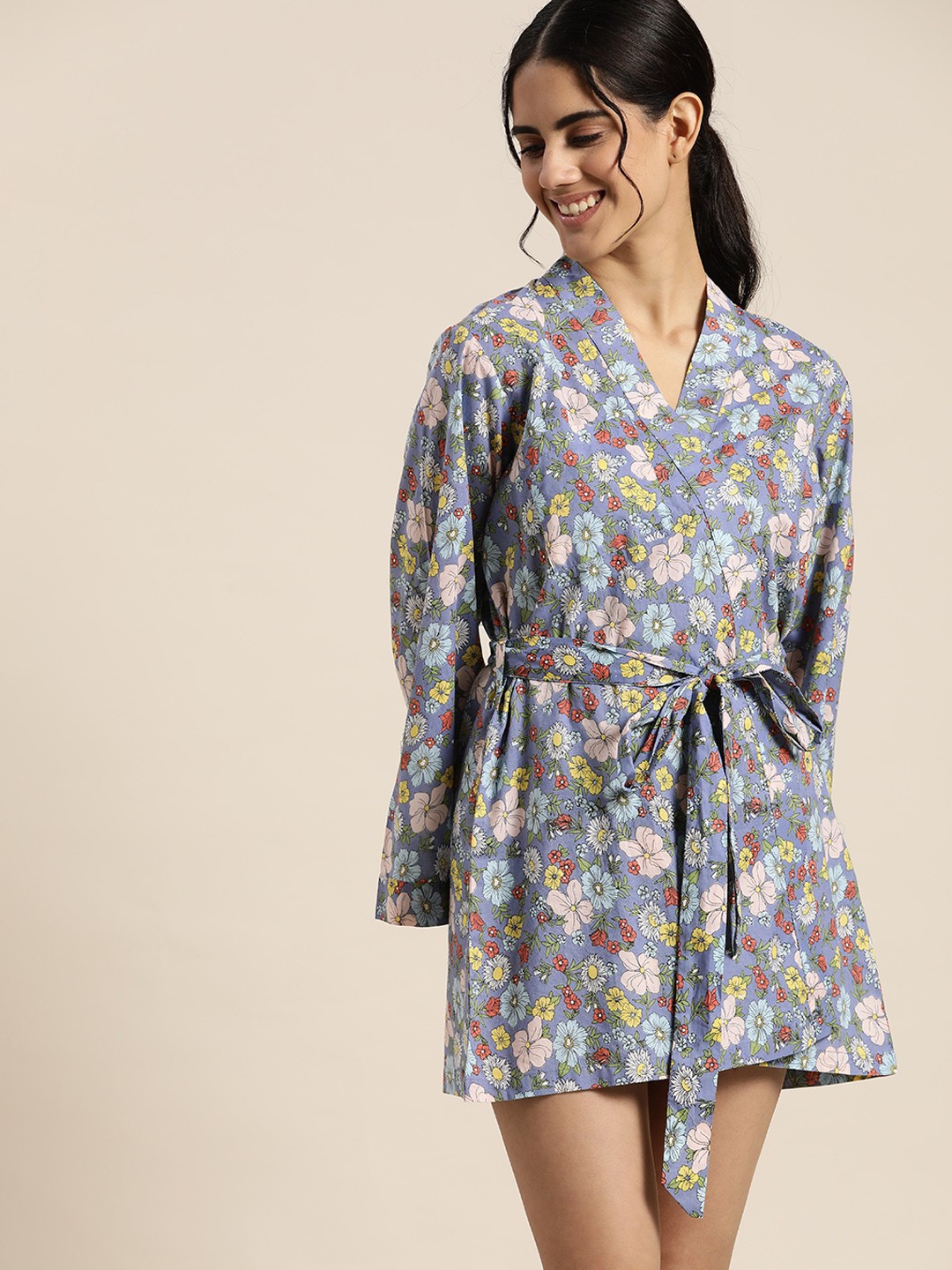 

ADORENITE Women Blue Floral Printed Cotton Robe