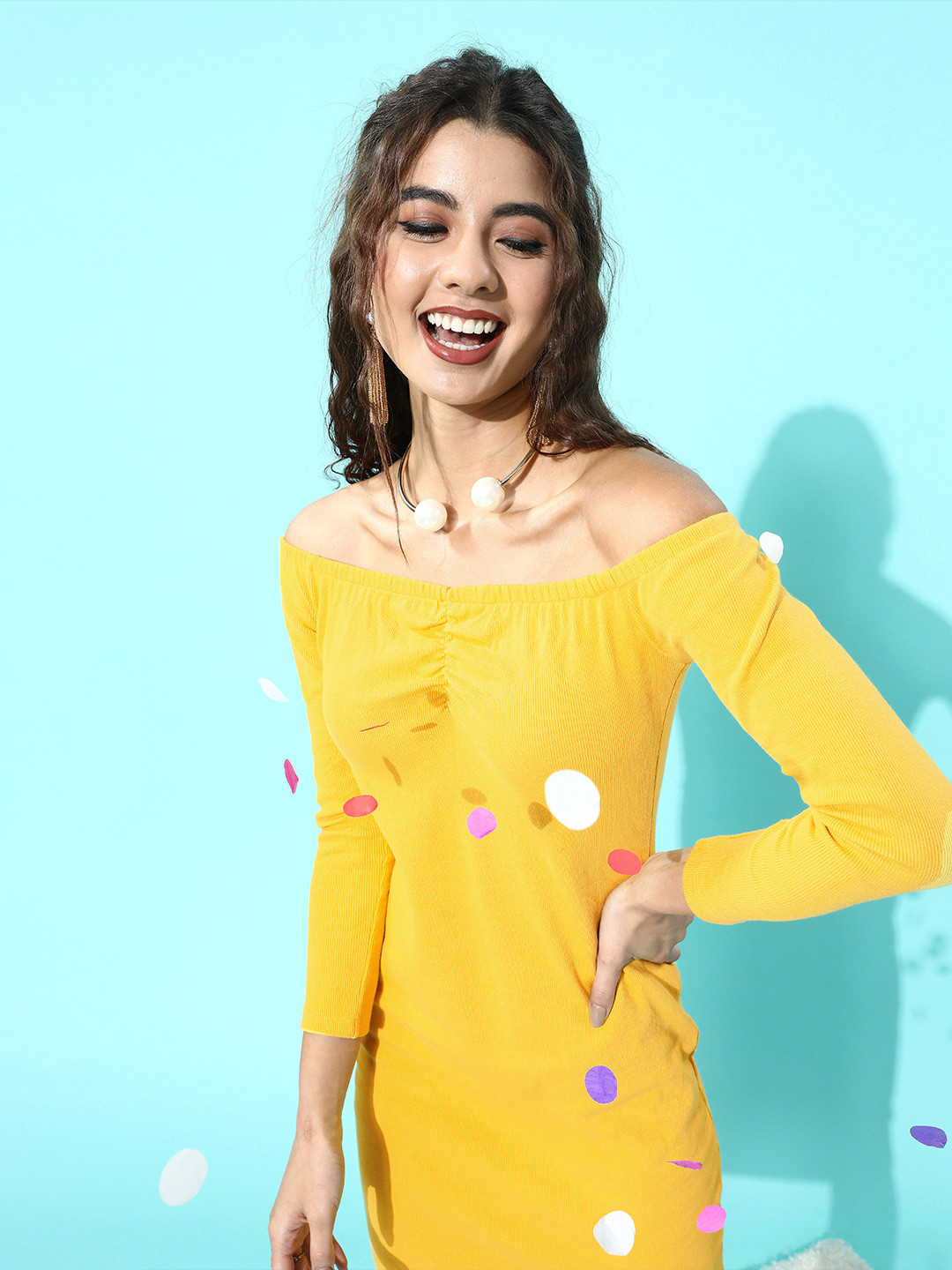 

COVER STORY Women Bright Yellow Solid Knitted Dress