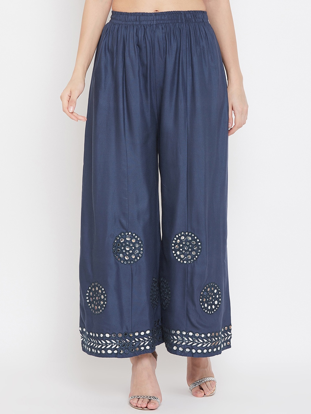 

Clora Creation Women Navy Blue Mirror Work Hem Design Palazzos