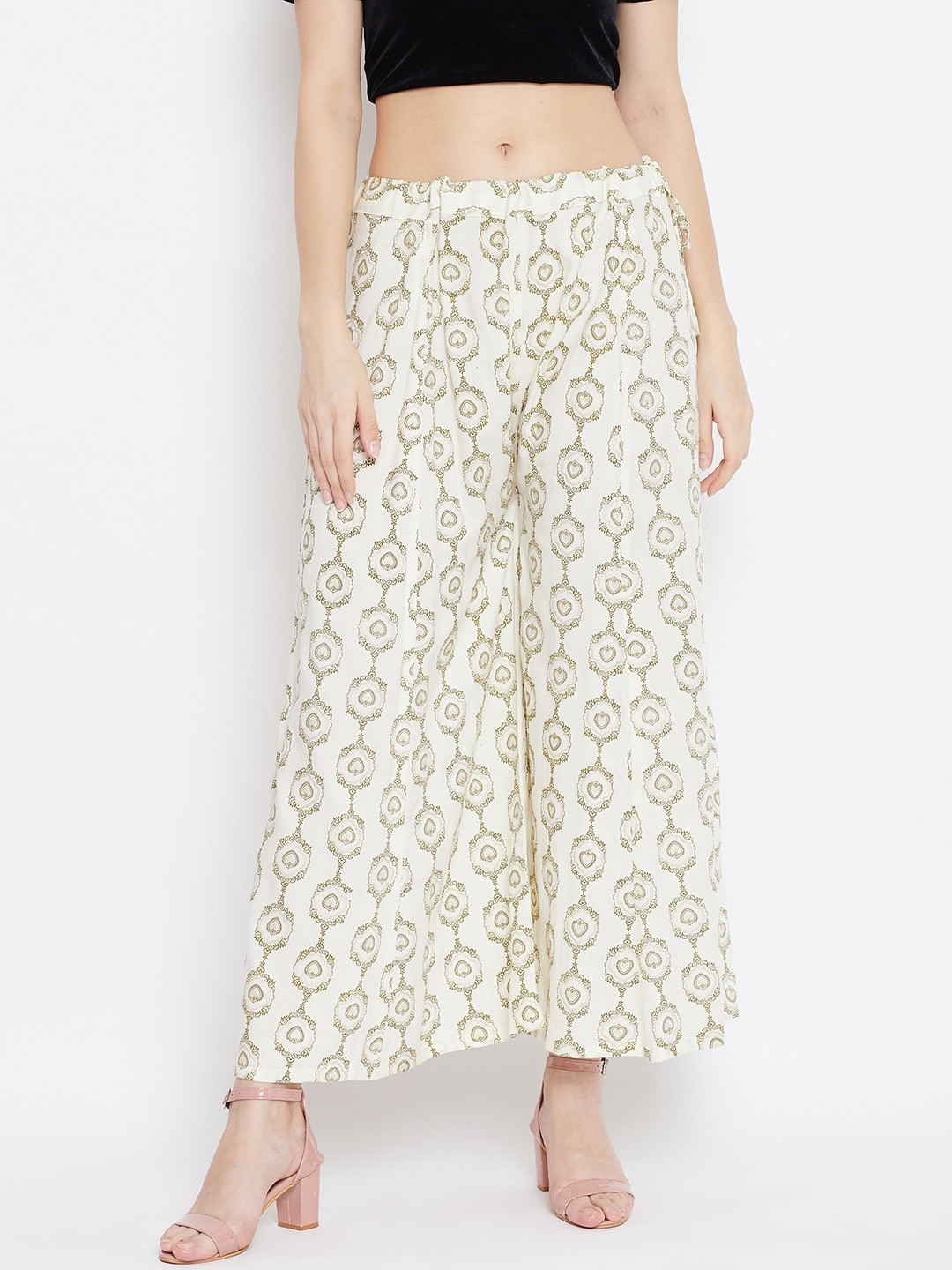 

Clora Creation Women Cream-Coloured & Green Printed Flared Knitted Palazzos