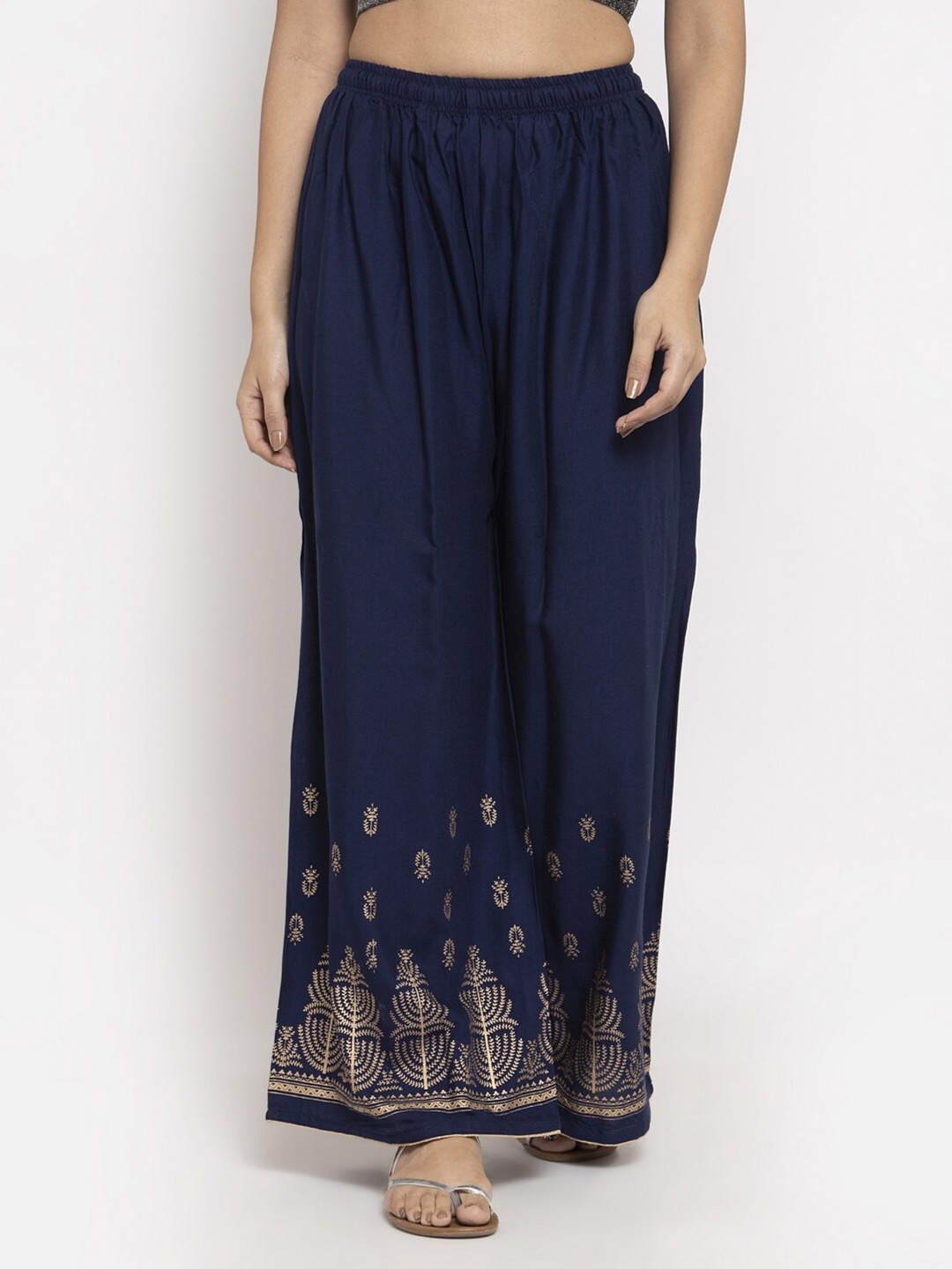 

Clora Creation Women Navy Blue & Gold-Toned Ethnic Motifs Printed Flared Knitted Palazzos