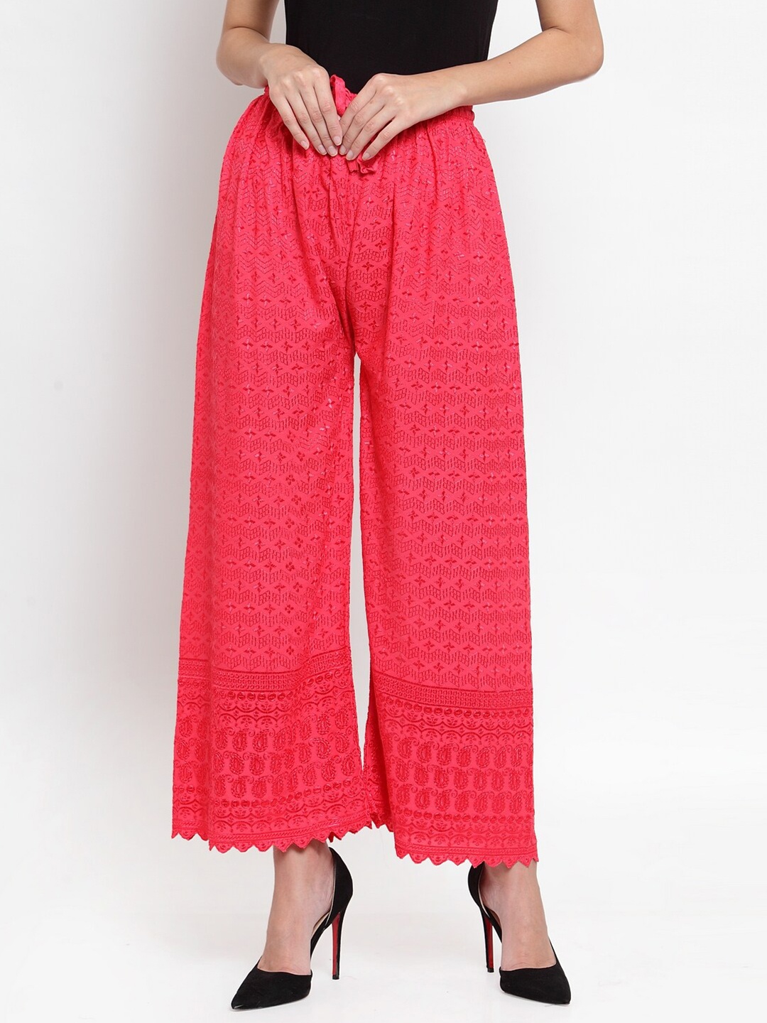 

Clora Creation Women Fuchsia Embroidered Knitted Palazzos