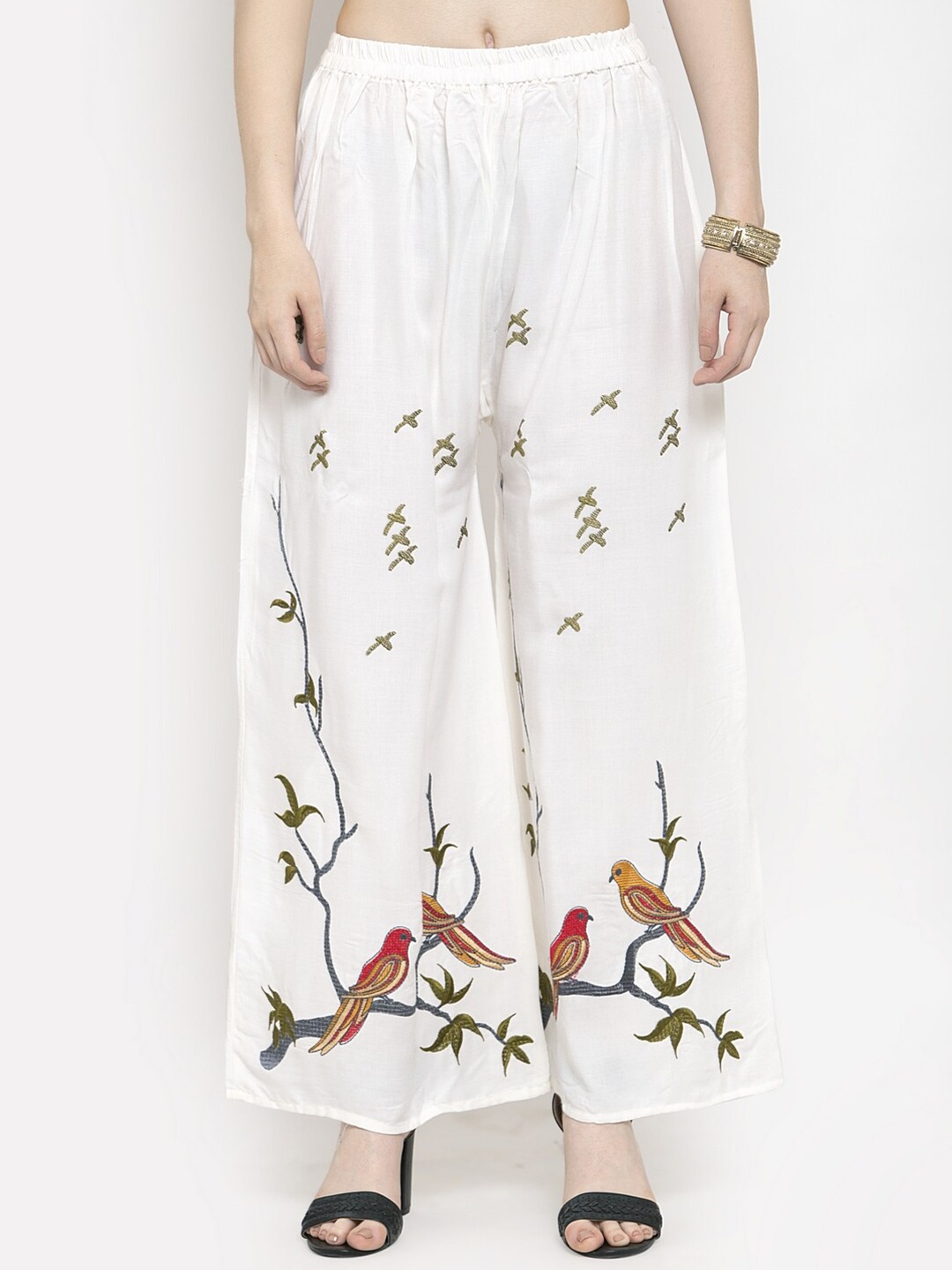 

Clora Creation Women Off White & Green Printed Knitted Ethnic Palazzos