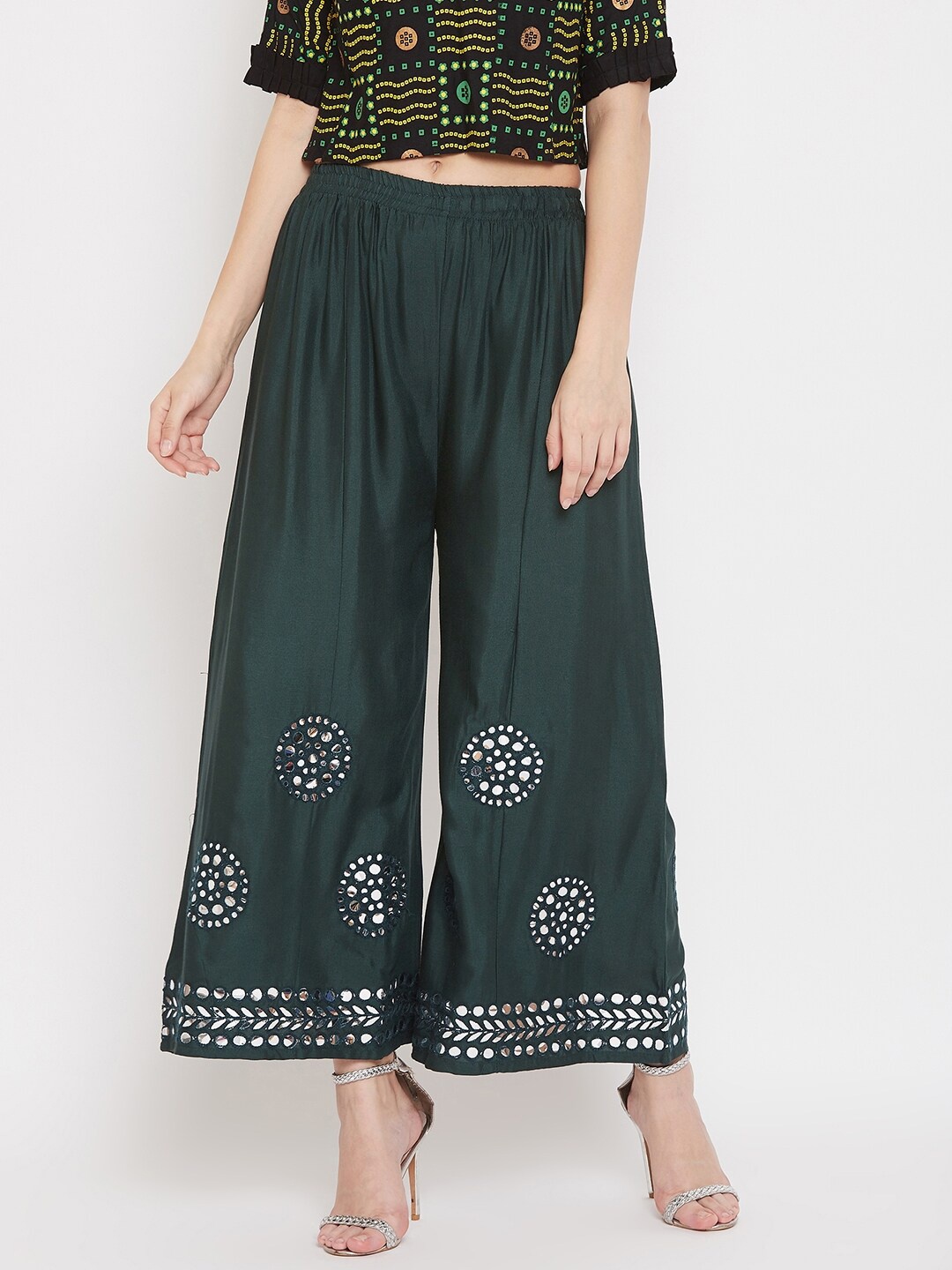 

Clora Creation Women Green & White Mirror Work Embellished Knitted Palazzos