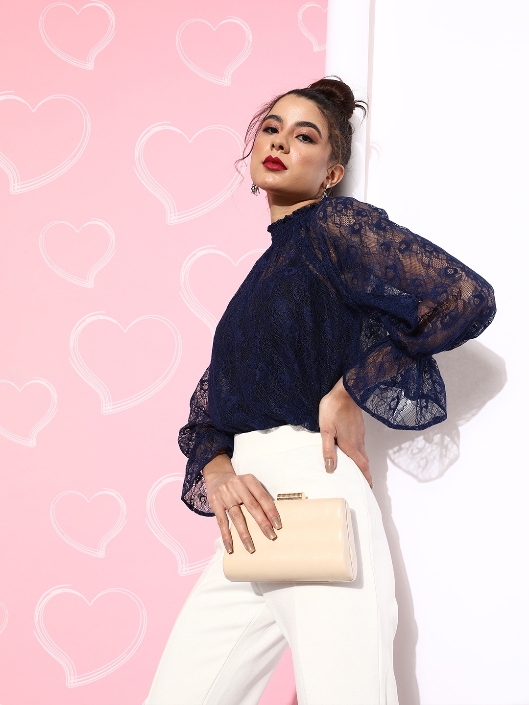 

Style Quotient Women Deep Navy Blue Self-Design Lacework and Sheer Top