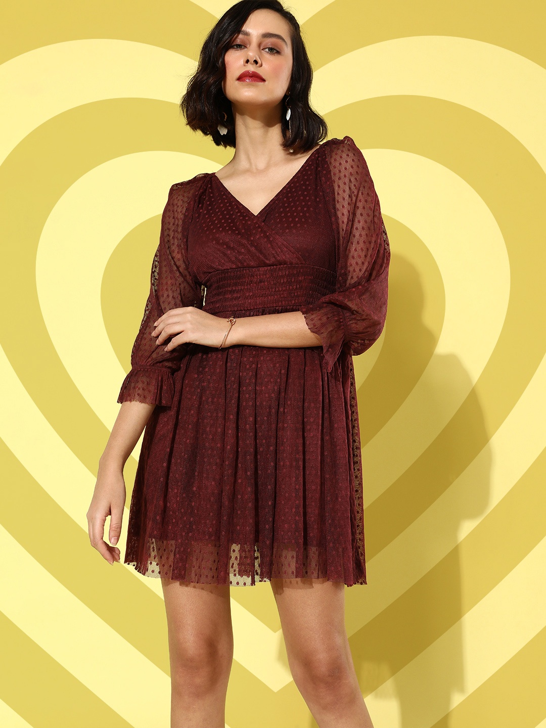 

Style Quotient Women Charming Maroon Polka Dot Dobby Weave Dress