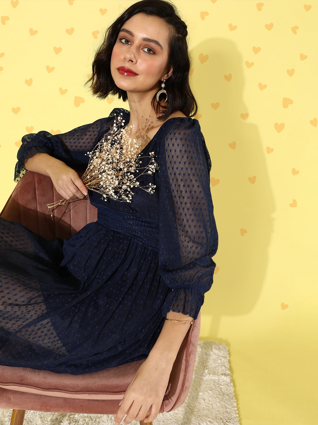 

Style Quotient Women Deep Navy Blue Polka Dot Dobby Weave Dress