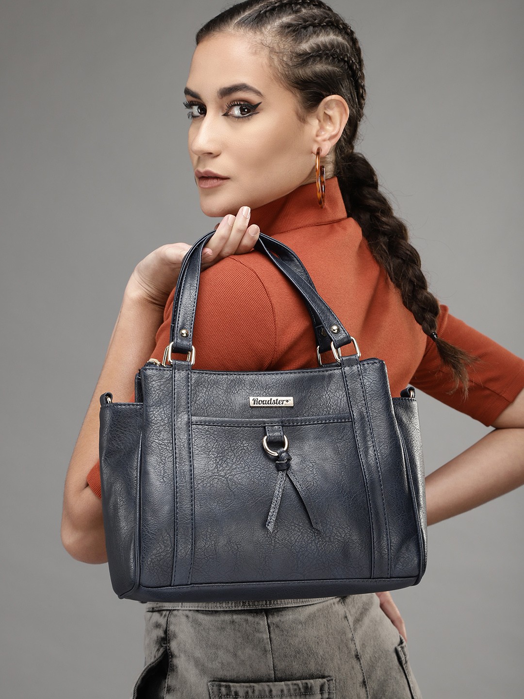 

Roadster Women Navy Blue Textured Structured Handheld Bag