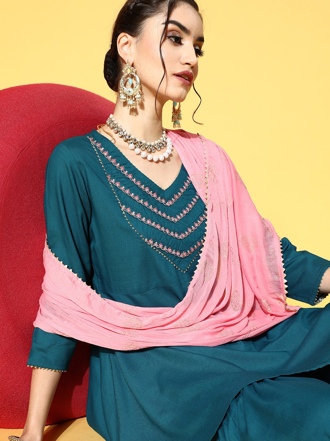 

Yufta Women Teal Yoke Design Empire Gotta Patti Kurti with Sharara & With Dupatta