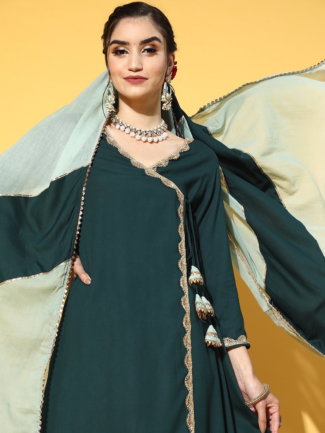 

Yufta Women Teal Green Solid Angrakha Kurta with Palazzos & With Dupatta