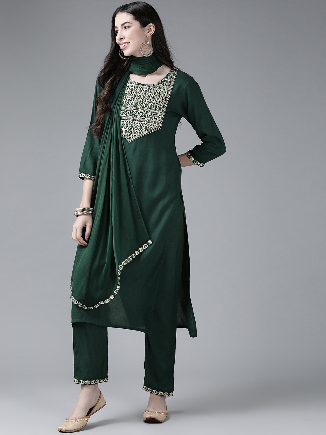

Yufta Women Green Yoke Design Kurta with Trousers & With Dupatta