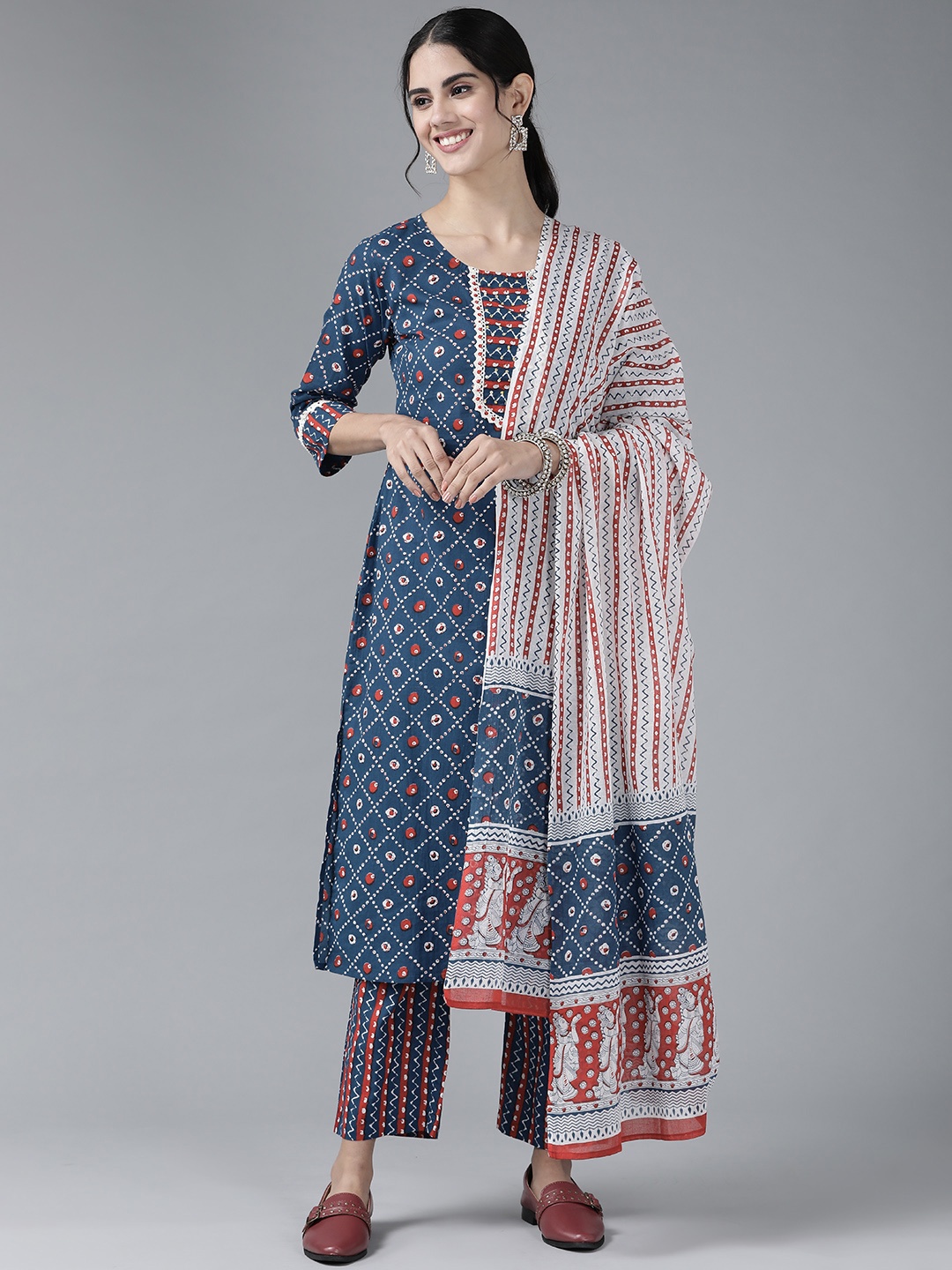 

Yufta Women Blue & White Printed Pure Cotton Kurta with Palazzos & With Dupatta