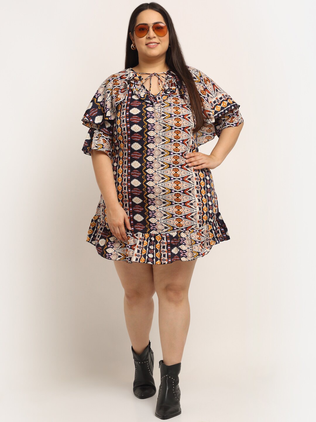 

Flambeur Multicoloured Ethnic Motifs Tie-Up Neck Crepe A-Line Dress, Multi