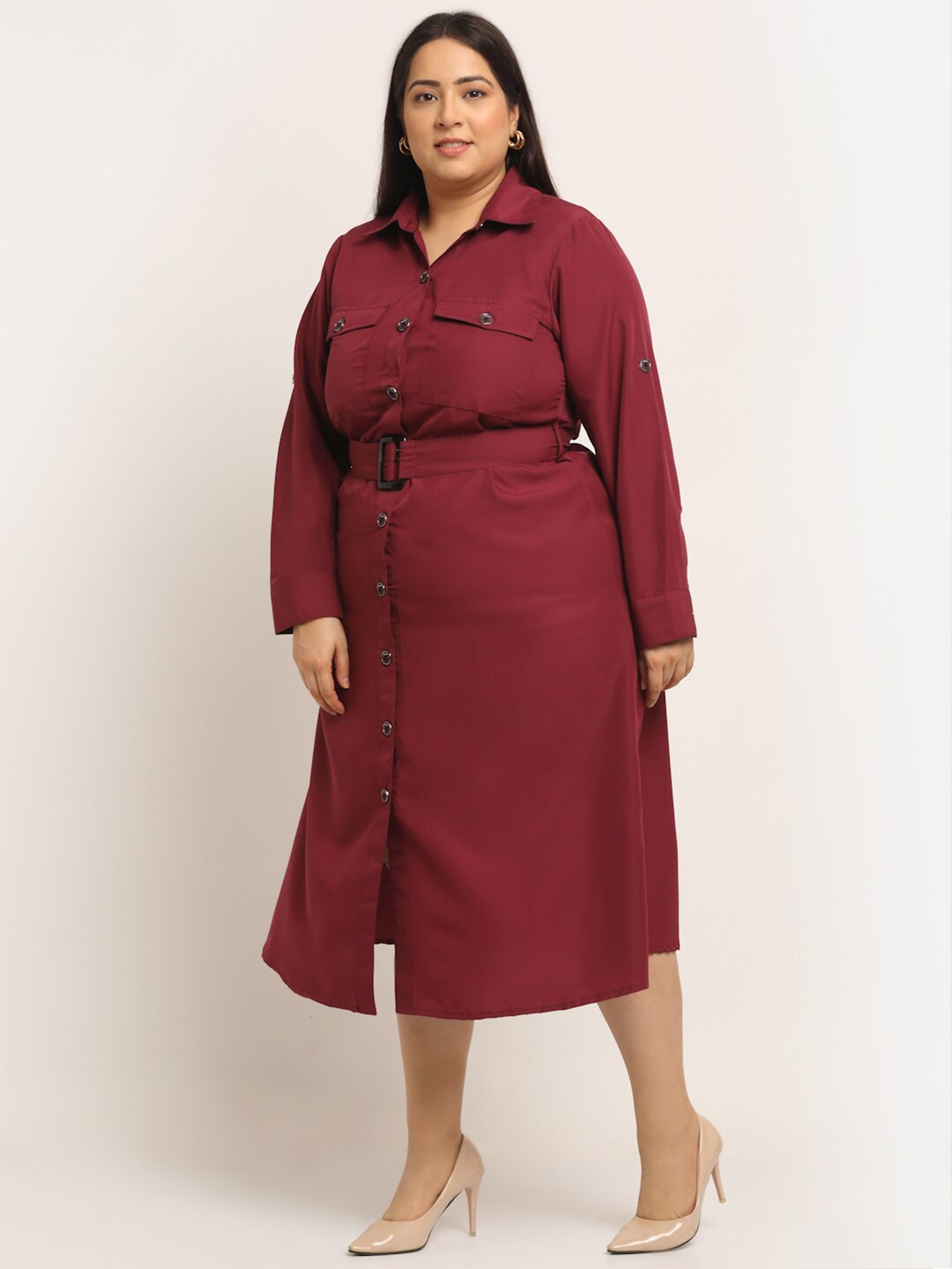 

Flambeur Plus Size Women Maroon Crepe Shirt Midi Dress