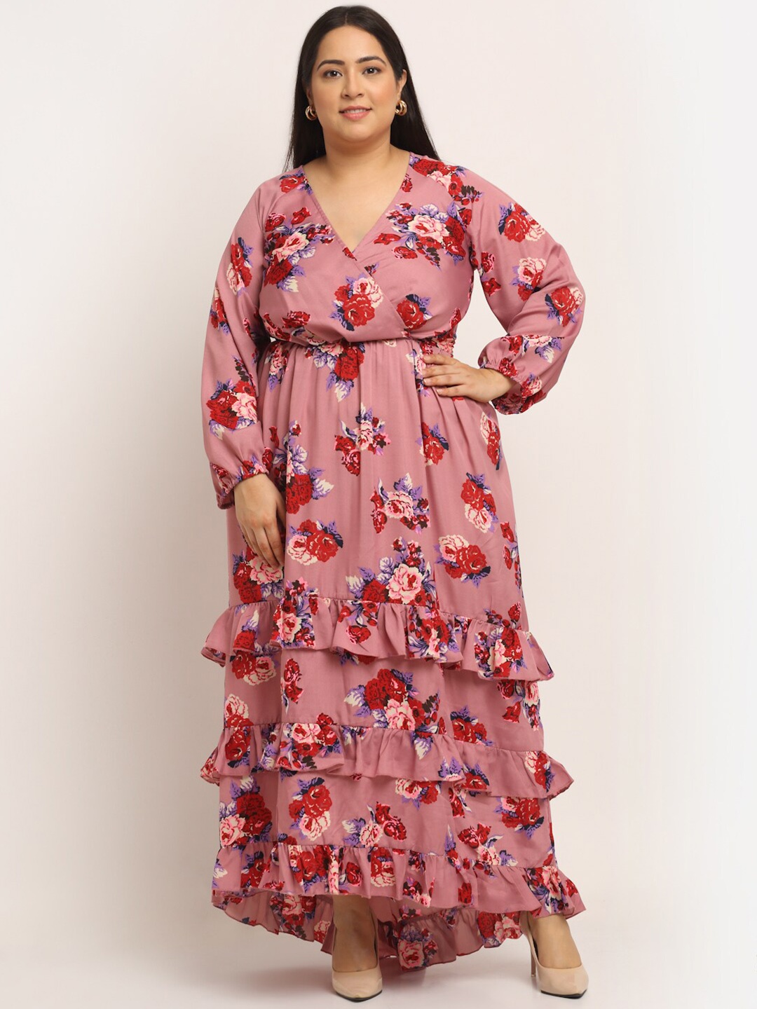 

Flambeur Pink Floral Crepe Ethnic Maxi Dress