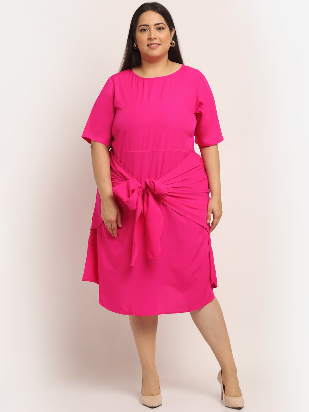 

Flambeur Plus Size Women Pink Crepe A-Line Midi Dress