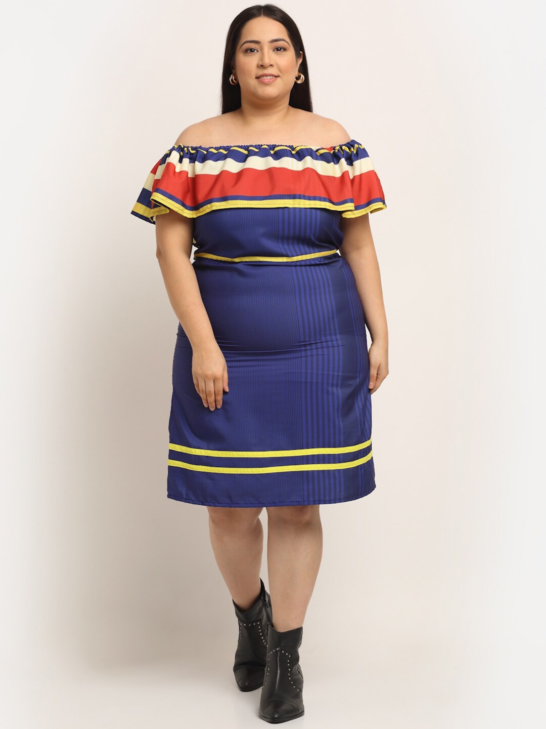 

Flambeur Blue Striped Off-Shoulder Crepe Dress