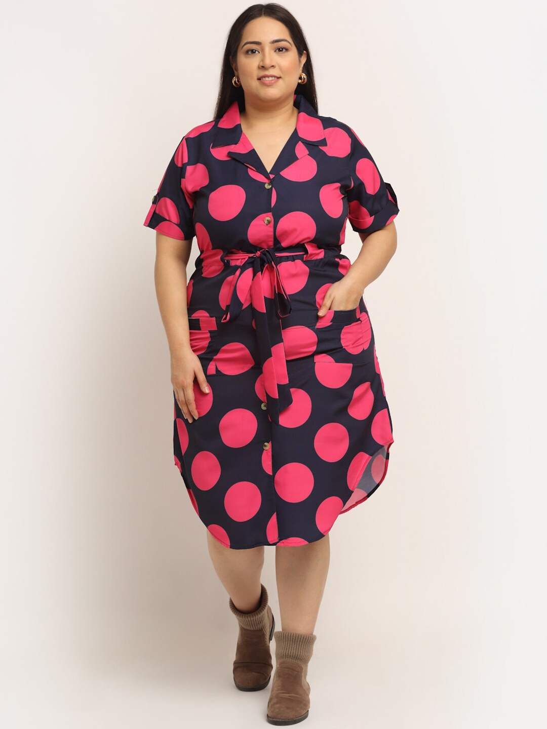 

Flambeur Black & Pink Polka Dots Printed Crepe Shirt Dress