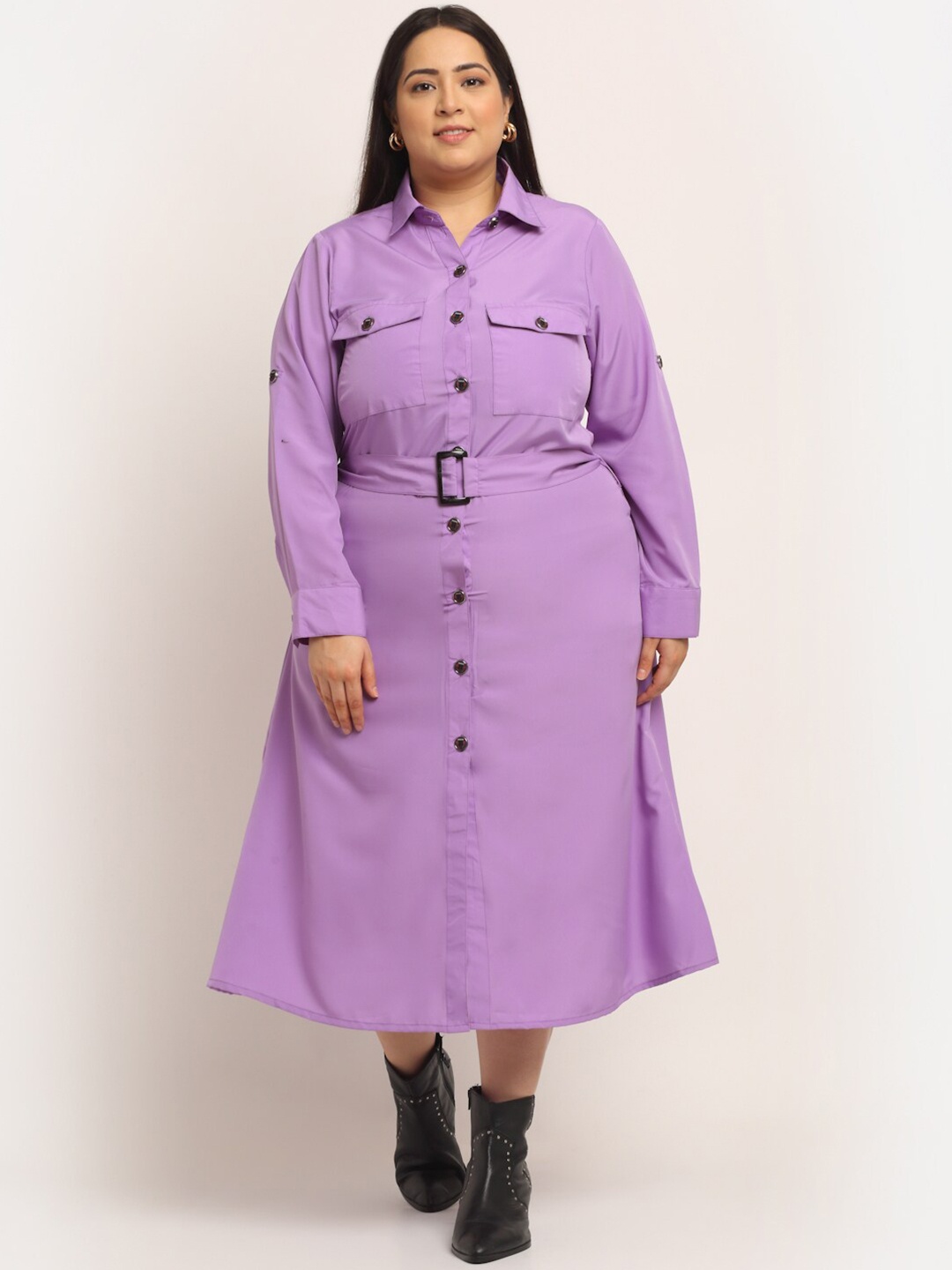 

Flambeur Women Purple Crepe Shirt Midi Dress