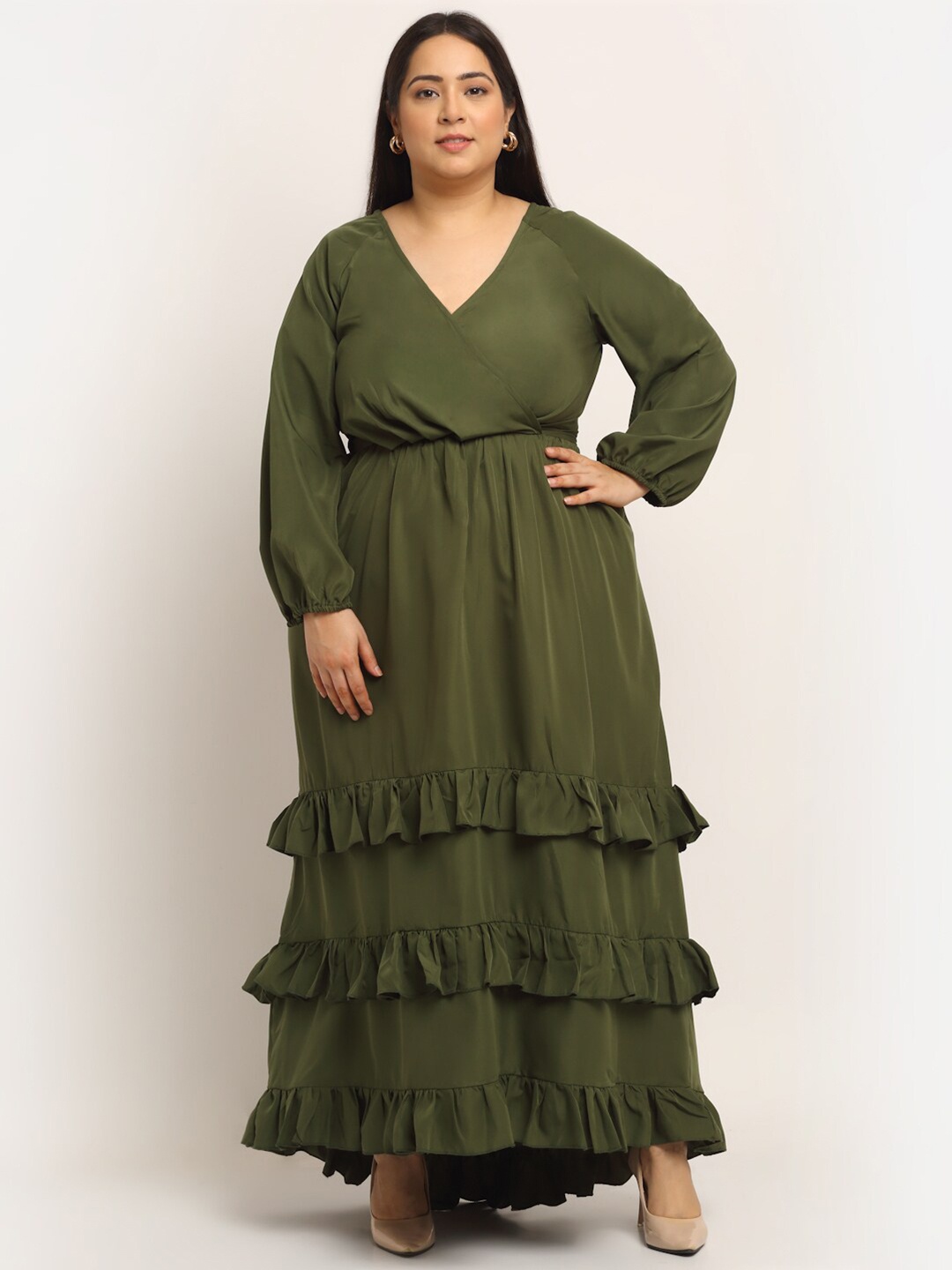 

Flambeur Olive Green Crepe Maxi Dress
