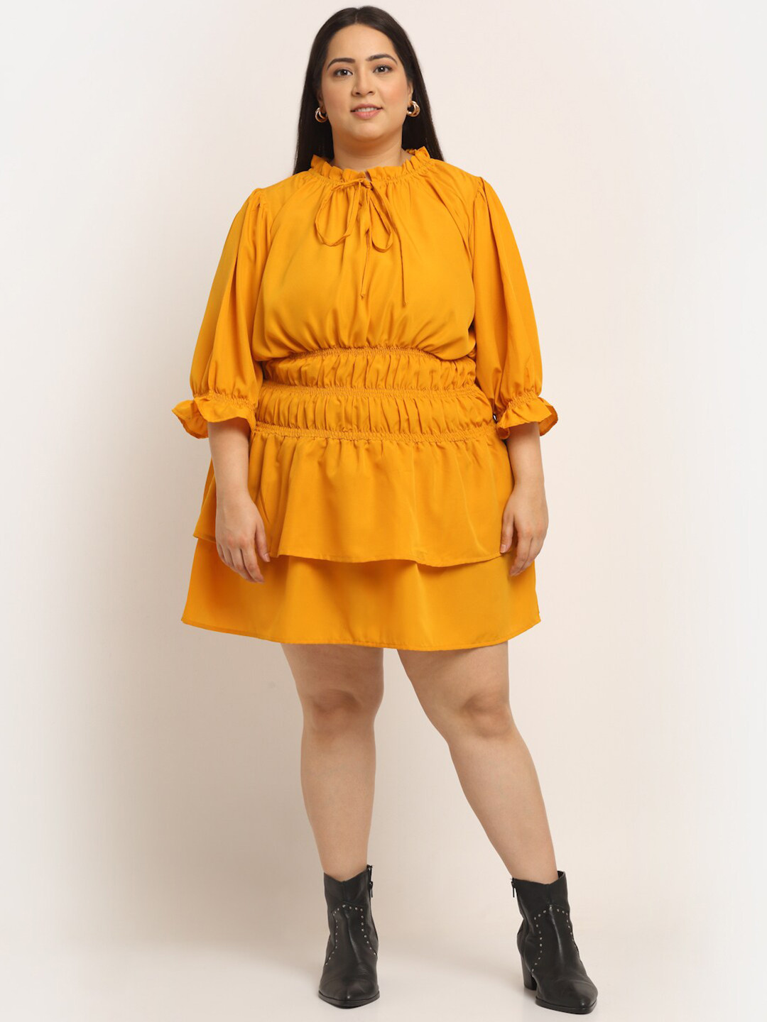 

Flambeur Yellow Tie-Up Neck Crepe Dress