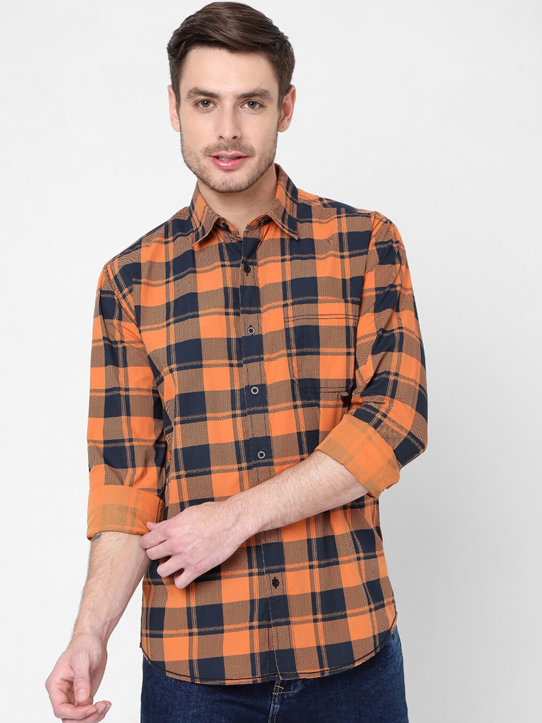 

Mufti Men Orange Slim Fit Checked Casual Shirt