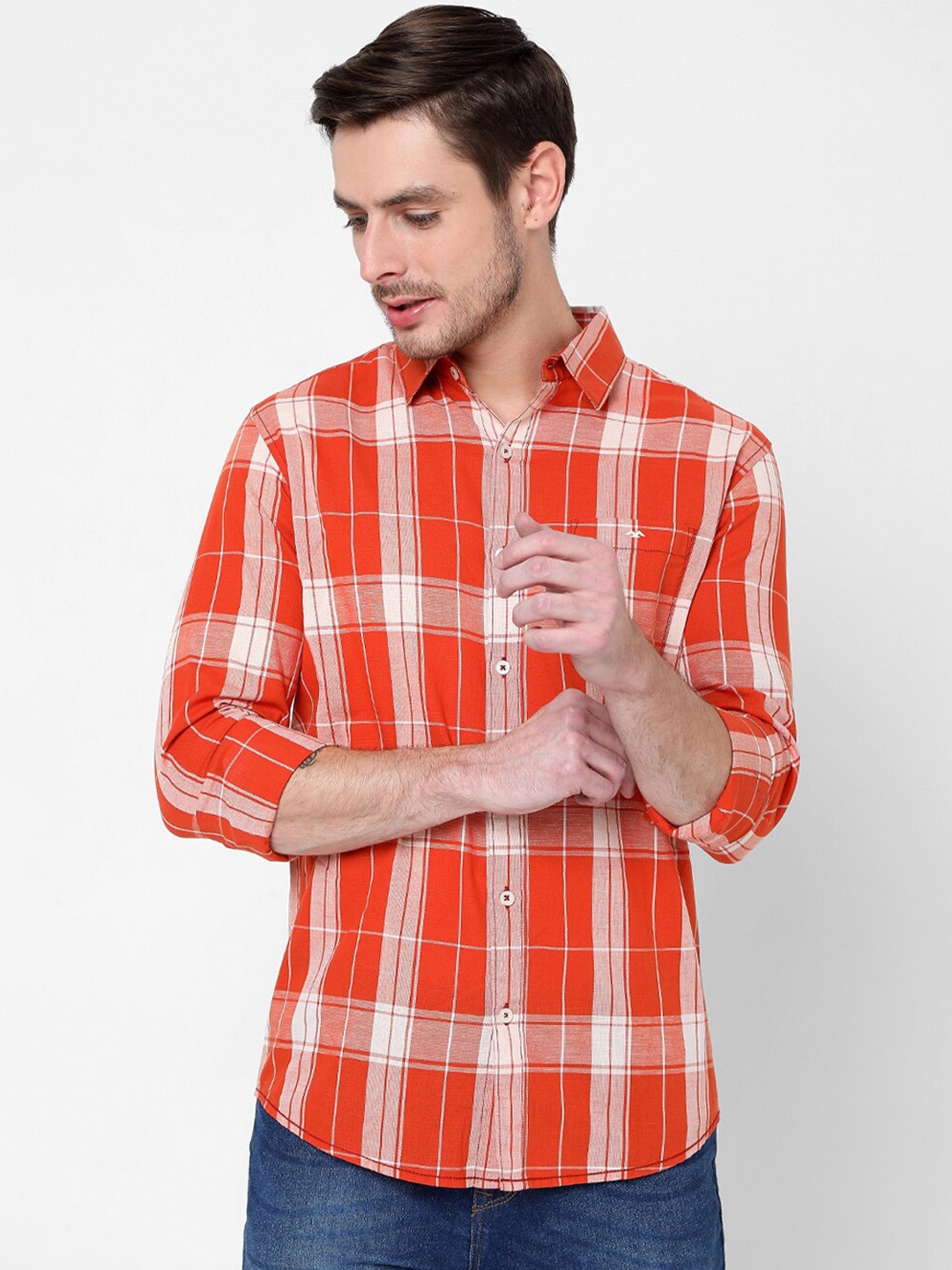 

Mufti Men Orange Slim Fit Tartan Checks Checked Casual Shirt