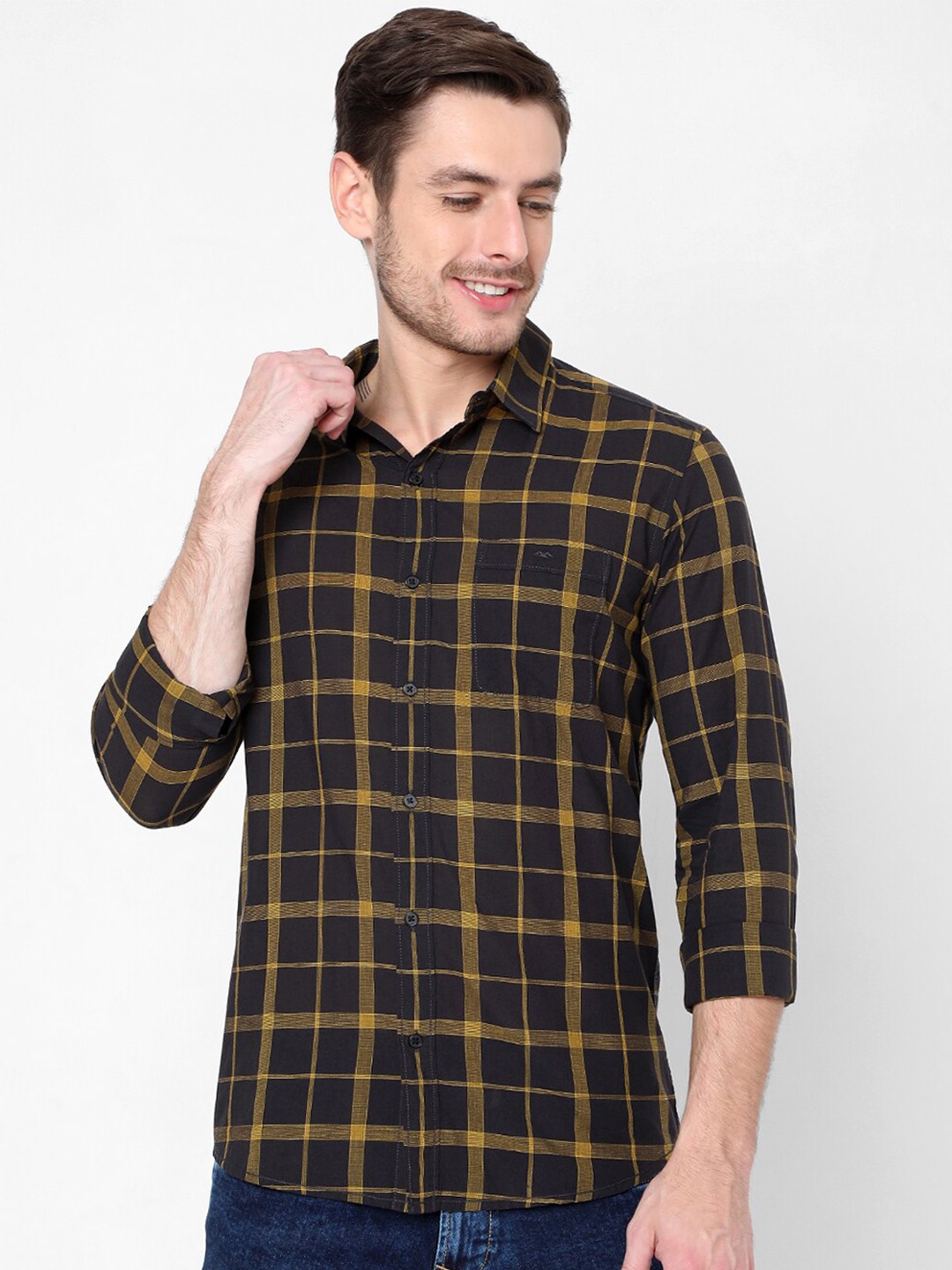 

Mufti Men Black Slim Fit Tartan Checks Checked Casual Shirt